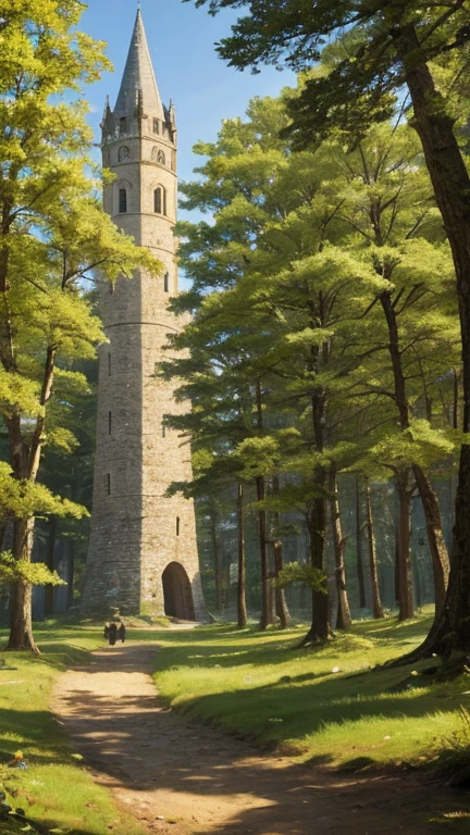A medieval tower made of mossy stones stands on the edge of the forest, surrounded by centuries-old spreading oaks and spruce trees.; high quality textures, ultra-realistic environment, many small details, Intricate details, daylight, early morning, Slanting sun rays through foliage 