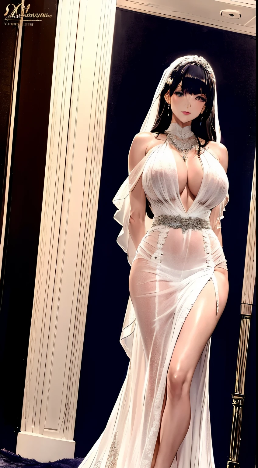 (best quality,8k,highres,masterpiece:1.2), gentle lighting, a solitary American woman, posing, showcasing her backside, glancing at the audience, (blue eyes, long golden hair), wedding dress, bridal gown, ([luxurious tuxedo:1.2][:wedding dress:1.4]), (face:1.3), indoors, peeking through her bangs, necklace, ([cathedral:1.2], wedding), intricate lace，full-body shot，