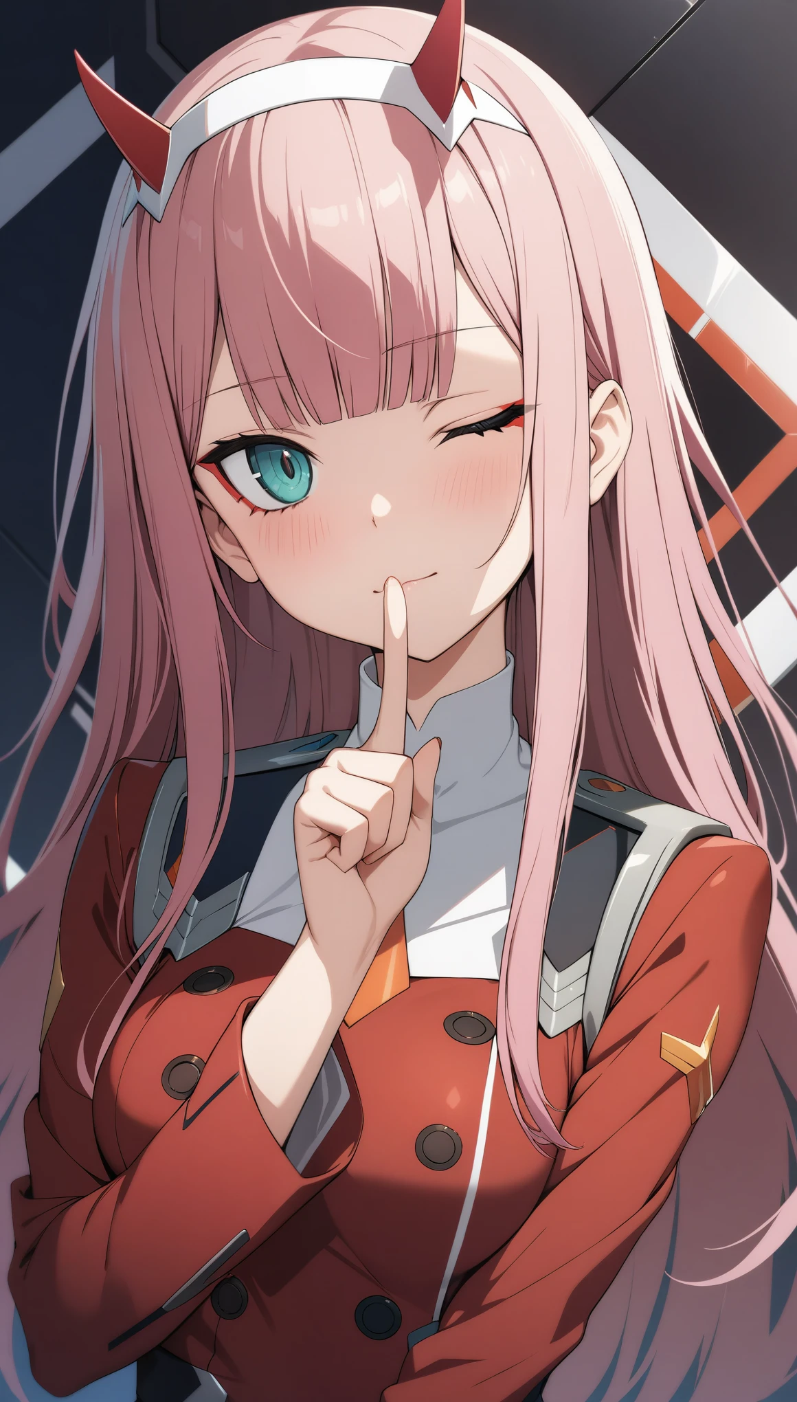 (masterpiece, best quality, very aesthetic, ultra detailed), intricate details,
1girl, zero two \(darling in the franxx\), darling in the franxx, aqua eyes, blunt bangs, orange necktie, red dress, pink hair, hand up, shushing, one eye closed, looking at viewer, upper body,