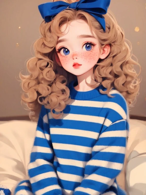 (masterpiece, highest quality:1.2), beautiful girl，skin details，detailed drawing of the eye，soft curly hair，wear a big ribbon on your head，Striped pajamas，small freckles，short bangs, Patsun bangs, sitting on the bed
