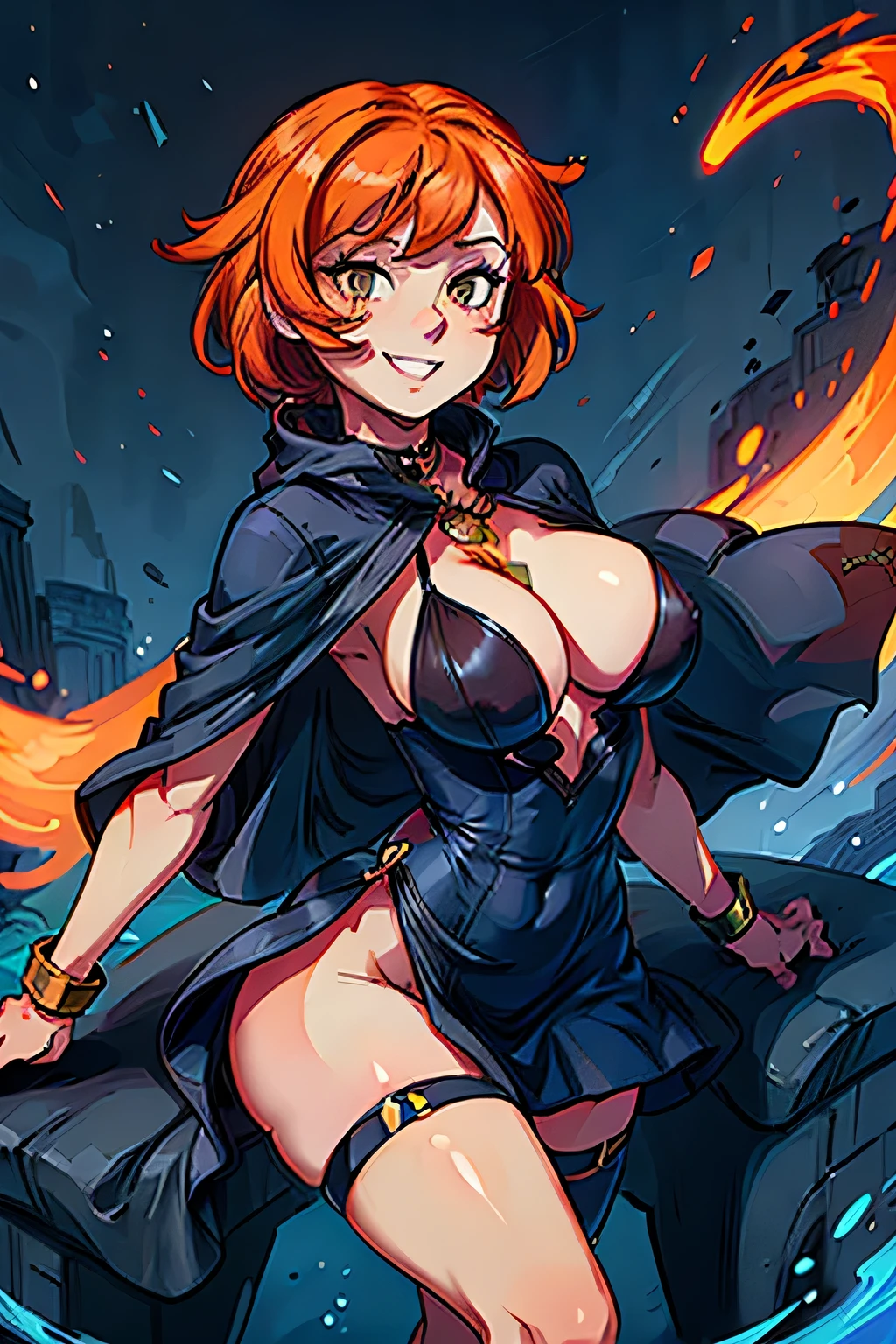 (((masterpiece))), (((best quality))), illustration, single character, game character, rpg character, female character, female necromancer. tall torso. athletic girl. skimpy. dark-blue dress with golden details and lines, long open dress. exposed legs. leather bracers. huge open cleavage, big gem necklace. tiny breasts. small titties. wide hips. perky butt. up turned hips. wavy short hair. flowing orange hair, olive eyes, sexy face expression. laughing smile. open hooded black cloak. orange hair. action pose. cosmic background, flat color background, anime character, 8k, awesome quality
