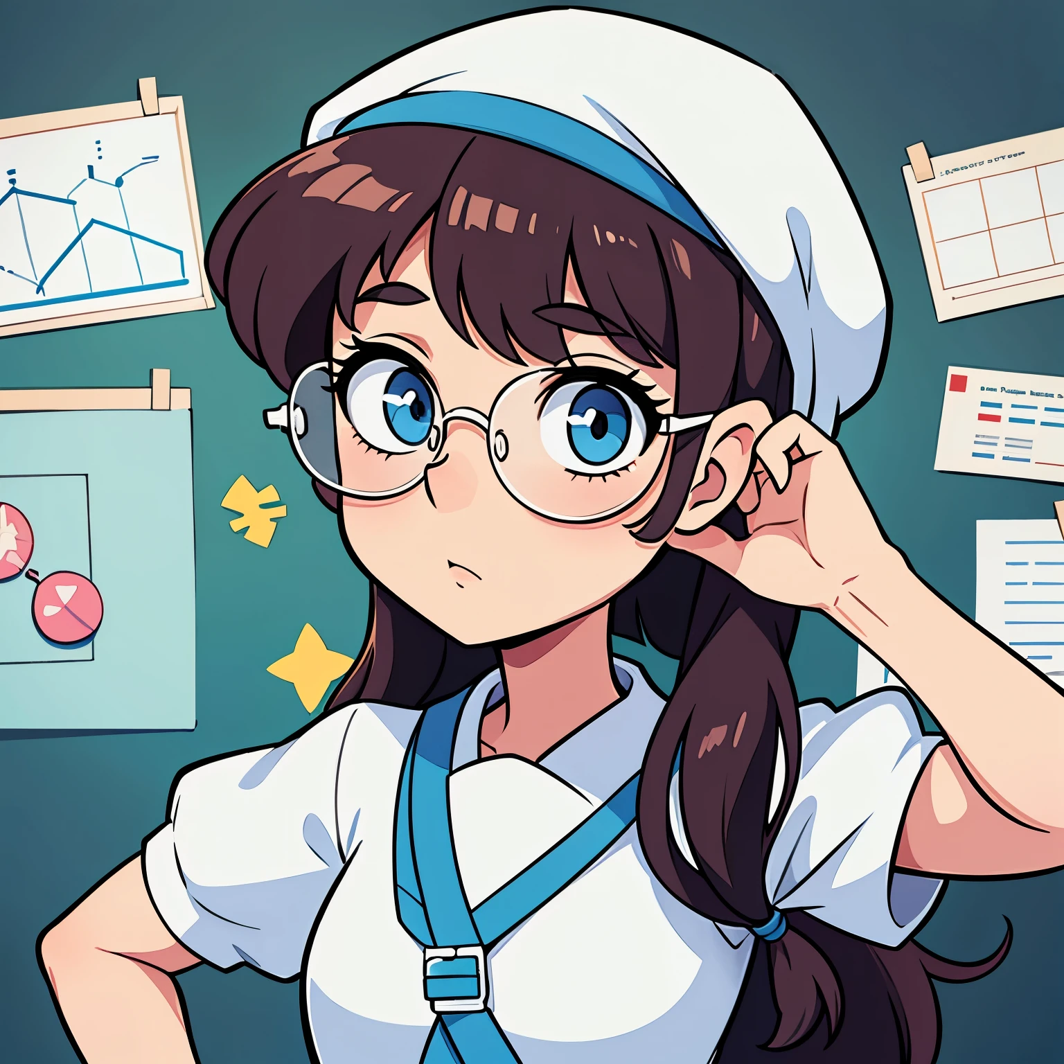 white scientist girl cartoon, delgada, dientona, y con lentes cuadrados