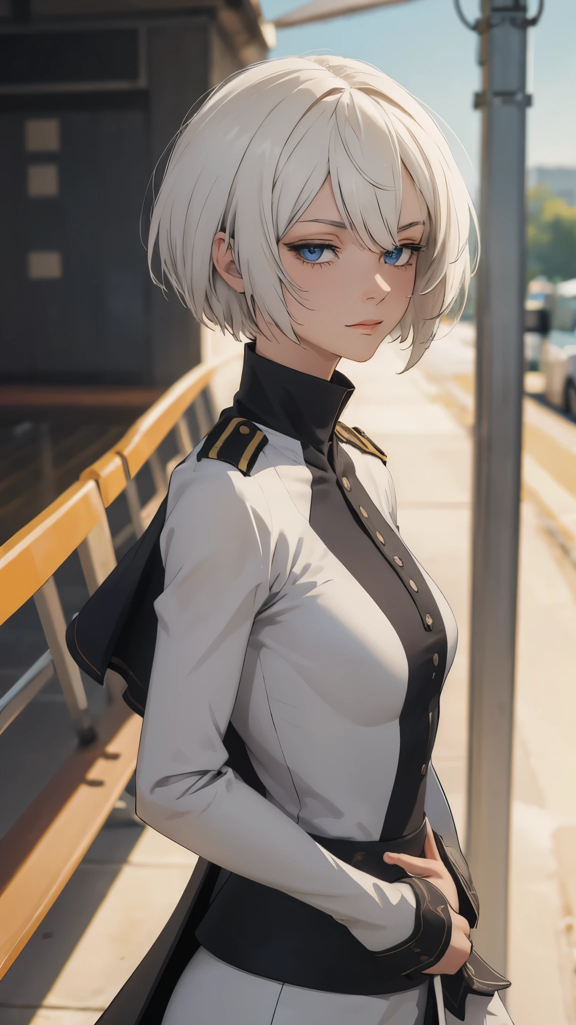 extremely detailed CG unity 8k wallpaper), (masterpiece), (best quality), (ultra-detailed), (best illustration), (best shadow), (absurdres) ,(detailed eyes), 2b, 1girl, short hair, white hair, solo, Intimidating women, admiral uniform, night, hero pose, white clothes, General Uniform, Military Uniform, Sunlight, exposed to sunlight,commander, fighting pose, wearing cape