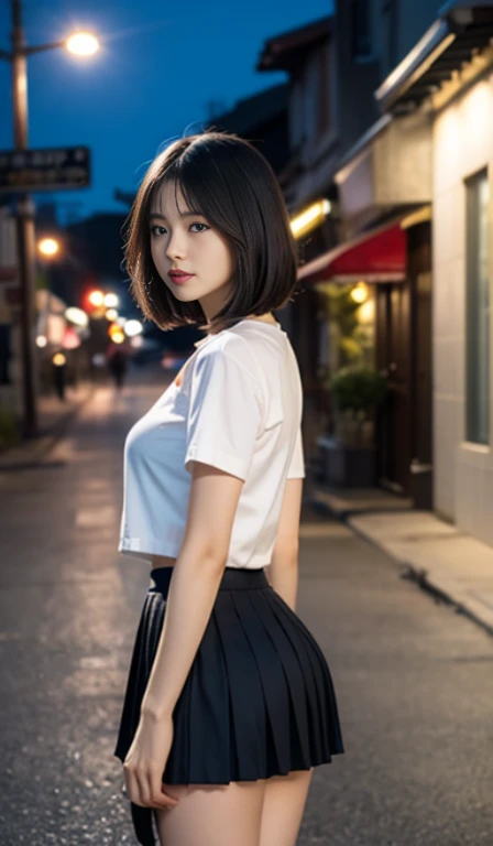 8K, masterpiece, Raw photo, highest quality, realistic, Extremely detailed CG integrated with 8K, 8K, diamond, and wallpaper, Depth of the bounds written, cinematic light, Lens flare, ray tracing, (very beautiful face, beautiful lips, beautiful eyes), face with intricate details, ((highly detailed skin)) 1 girl, cute korean girl, K-POPアイドル,1 girl， super detailed， surreal， Highly detailed CG illustration， official art， cinematic light， realistic， young and beautiful girl， perfect body shape， perfect body shape， full gonzo， perfect body，(bob cut), bangs,（cowboy shot:1.3）， 卑猥なPause，big breasts, long and sexy legs， （thigh gap：1.5），wide ass，have confidence， beautiful sexy， white short sleeves， open abdomen, ((pleated skirt))， S-shaped body， upturned butt，上でPauseをとる，Pause，different perspectives，looking at the viewer， (pale skin), (big blue eyes),（smile：0.8），turn back, (buckshot),(street corner at night:1.5)