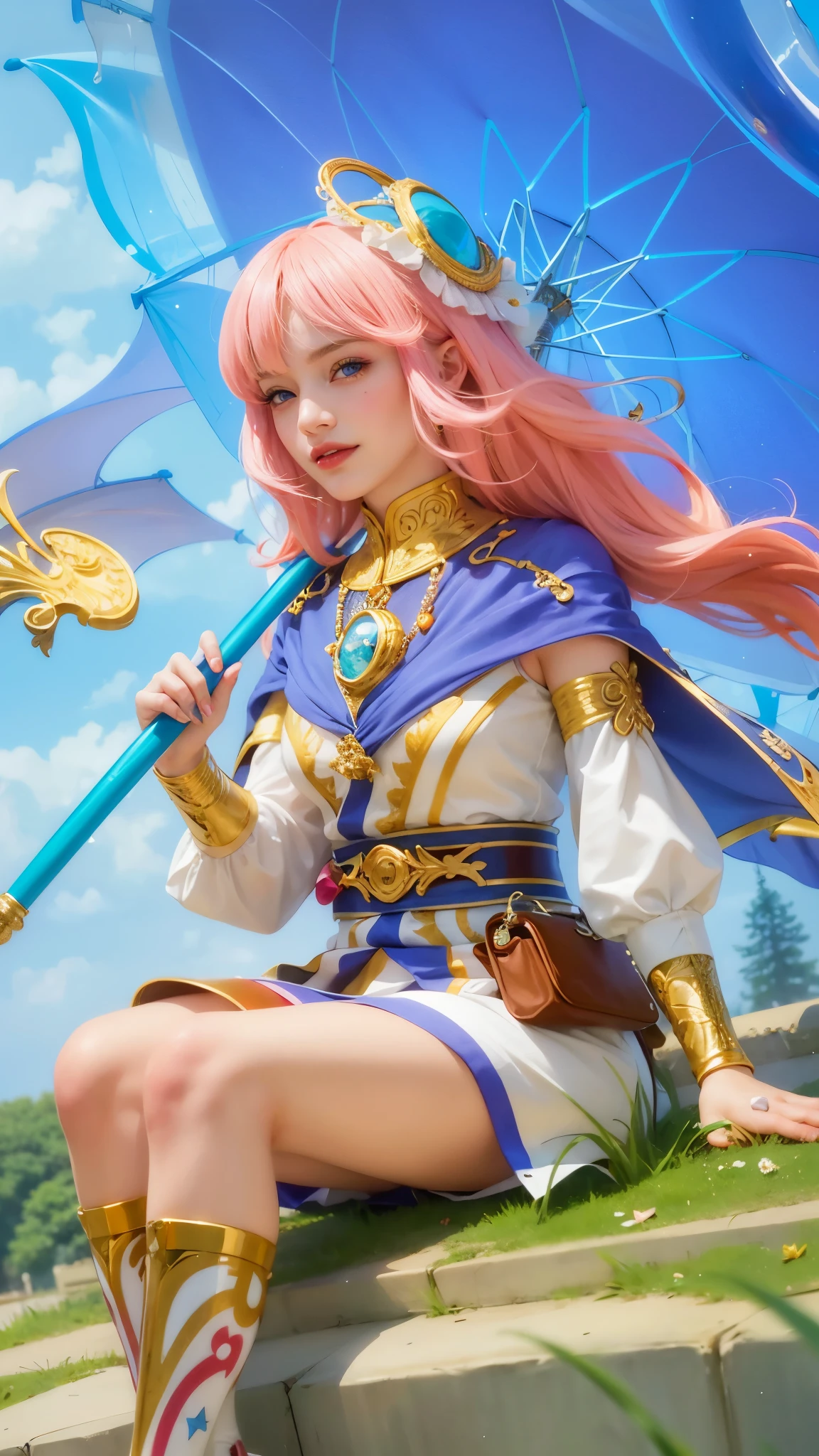 girl with pink hair holding a umbrella, red lips glossy, 8k, ultra hd, ultra detailed texture, hyper realistic, masterpiece, detailed texture, detailed face, detailed skin, detailed lighting, (photorealistic:1.5), best quality, beautiful lighting, cinematic lighting, professional lighting, ultra highres, realistic, detailed hair, real hair, high quality, (realskin:1.5), extremely detailed, finely detail, ultra-detailed, smile, blue eyes
