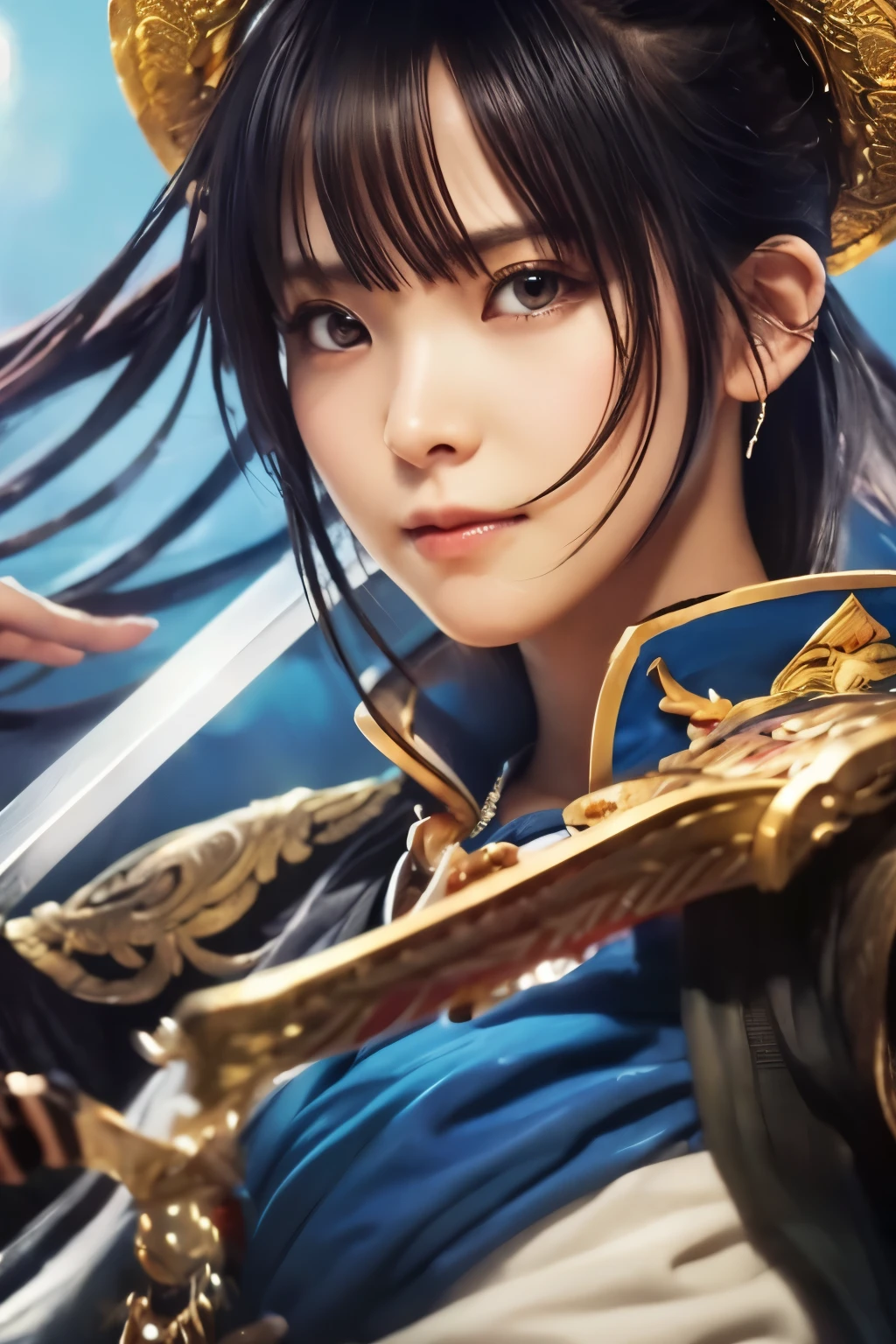 A woman in a blue dress holding a sword and a gold hat - SeaArt AI