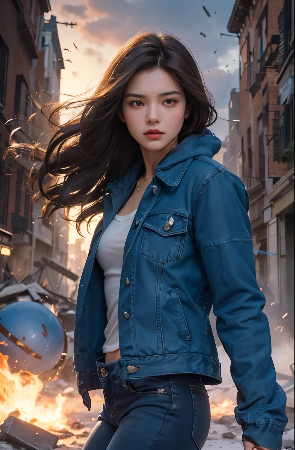 A beautiful woman with dark brown hair, twenty years old, with an angry expression. She is extending one hand forward, and in that hand, a blue-white glowing magical energy ball is forming. She is standing in the middle of a ruined city, wearing blue jeans and a jacket.