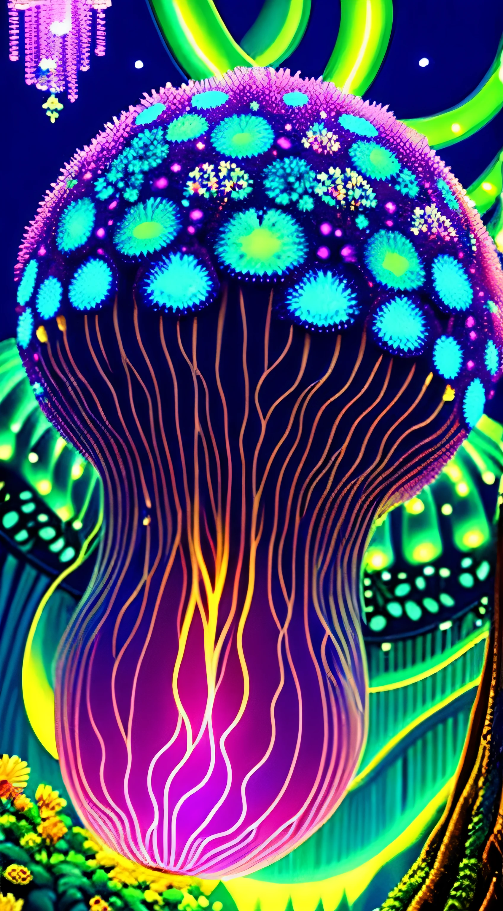 （When we arrived on the planet Pandora，surrounded by many people "Tree of Hope" Seeds resemble glowing jellyfish；towering tree々，Can be used as a home to live in、Lush rainforest，very colorful，with dynamism、Flowers and plants glowing at night、mushroom...... At this time "Garden of Fantasy"