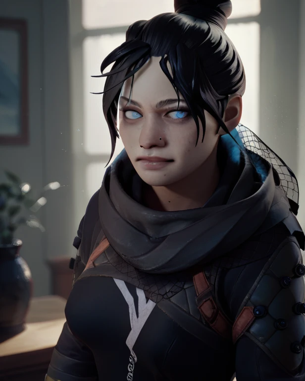 score_9,score_8_up,score_7_up,
wraithxl,black hair,single hair bun,looking at viewer,blue eyes,
scarf,nose piercing,black shirt,long sleeves,
standing,upper body,
Indoors, 
