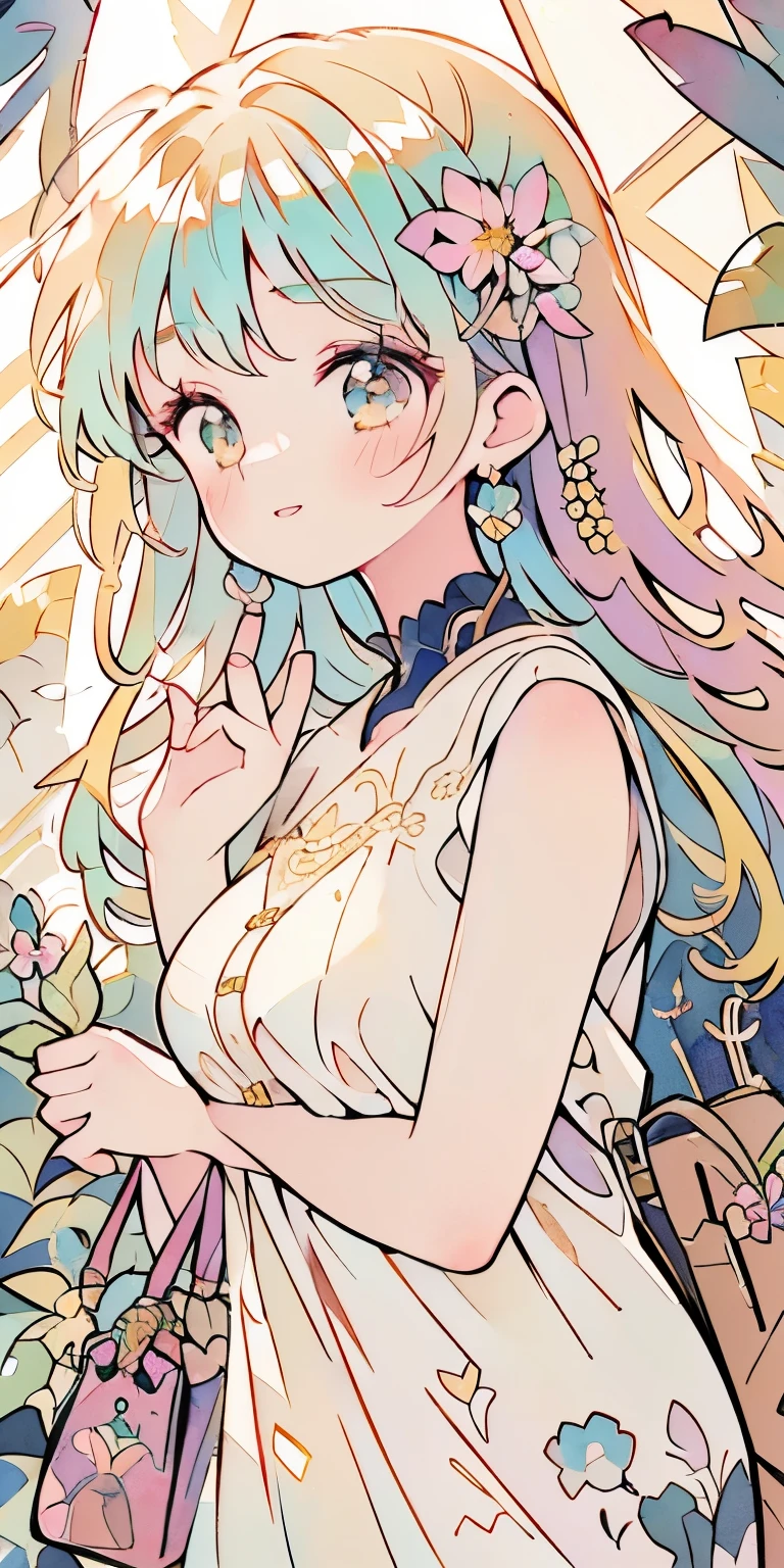 perfect hands、perfect feet、nsfw, (fullbody), myth, goddess, pray,  ((white dress with a wide open neckline)), (((dynamic angle))), ((ultra-detailed face), (cute eyes), ((dynamic lighting:1.5)), (((thicc))), Hair color is colorful、full body shot、retro、accurate focus、random pose、cinema 4d、Drama, long hair, dull bangs, yellow eyes, Beautiful Girls in Anime , ((Full of sweets, full of flowers, full of feathers、jewelry))、((purse your lips, Throw kiss, flirty smile)), 1 cute girl, highest quality、ウルトラ - High resolution、High resolution、Detailed CG、8k unit wallpaper、17 years old、fine and beautiful eyes, (shiny body:1.8)、big breasts、full of embarrassment、(Ahegao:1.5), light and wind、Richly colored、(((Alphonse Mucha))), shine, watercolor, abstract art, intricate details, flower frame, decorative panels, color splash, tarot cards、Don&#39;t draw a bag