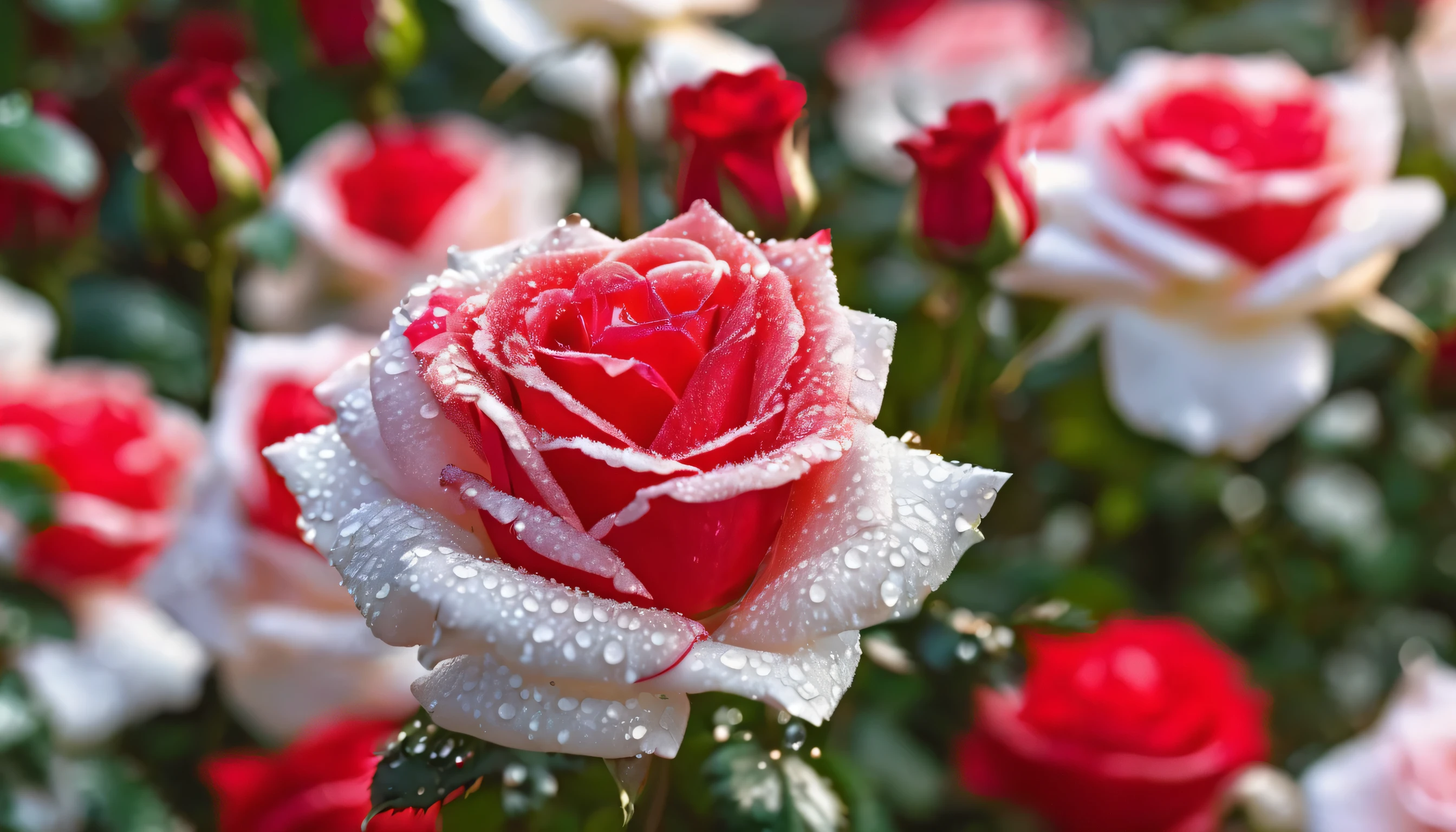 Many red and white color rose flowers in the garden and sunlight with bokeh, dew drops on flower petalasterpiece, ultra quality, high resolution, 8k, intricate: 1.2), (masterpiece), (best quality:1)