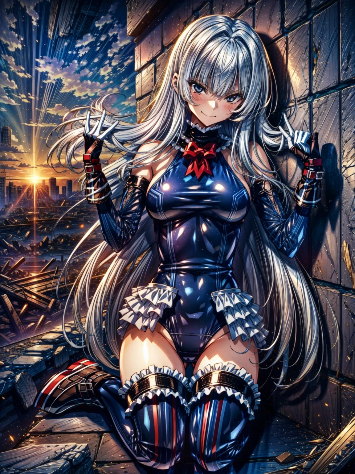 perfect anatomy, highest quality, marierose,evil smile,provocative attitude
,(Girls greet dawn on top of a pile of rubble:1.1),evil smile,anime style,(ruffle swimsuit, Thighhighs, removed sleeve), (anime style:1.4) ,
silver hair,(white fingers:1.1,black gloves),very long hair,evil aura,