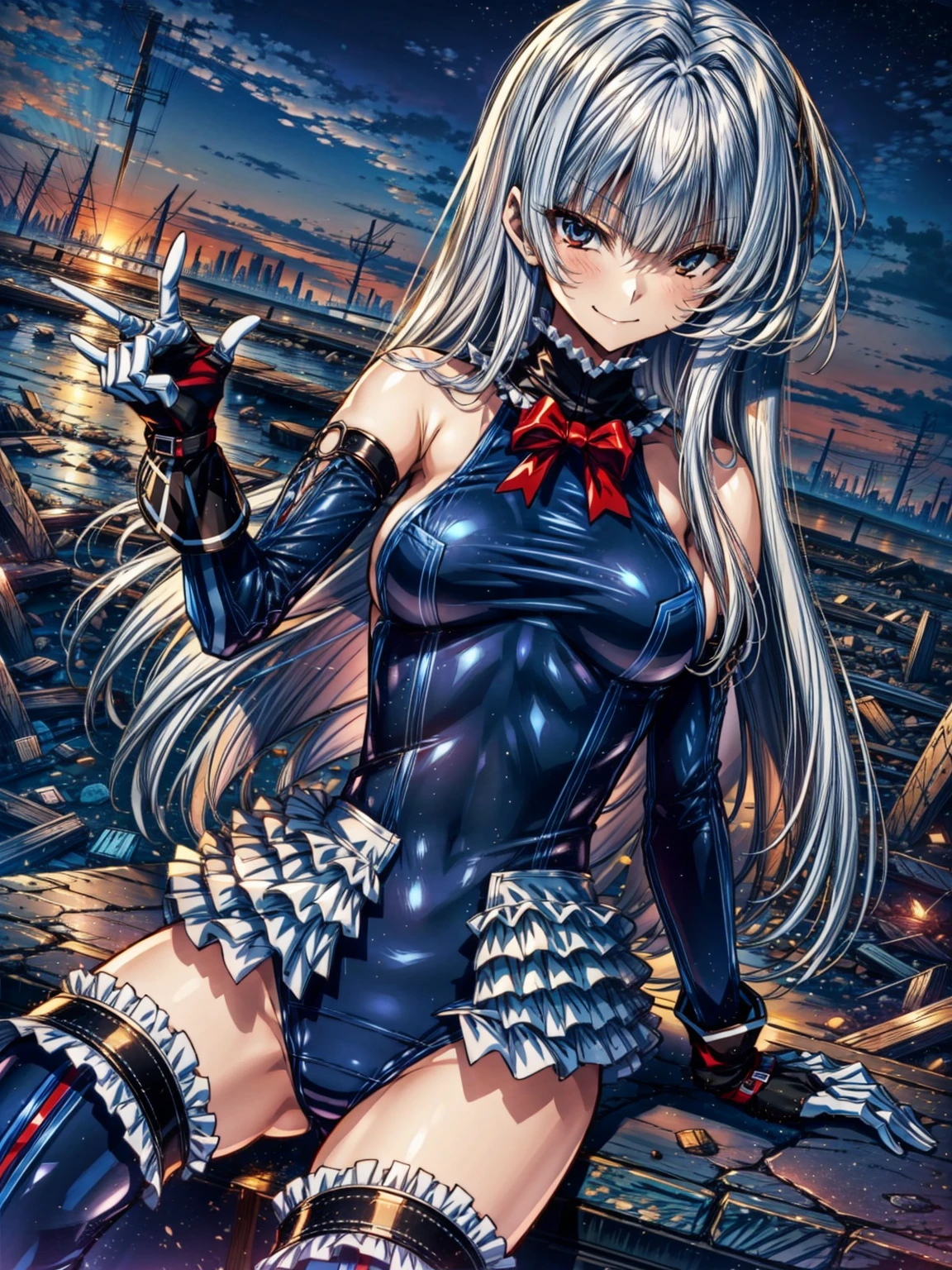 perfect anatomy, highest quality, marierose,evil smile,provocative attitude
,(Girls greet dawn on top of a pile of rubble:1.1),evil smile,anime style,(ruffle swimsuit, Thighhighs, removed sleeve), (anime style:1.4) ,
silver hair,(white fingers:1.1,black gloves),very long hair,evil aura,