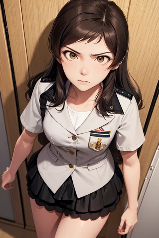 clear face,master piece,hyper quality, very detailed,perfect drawing,nffsw,3D,8K,figure,beautiful girl,1,He has long brown hair and wears a gray .,  black skirt, uniform red ribbon、((Glaring at me sharply, a look down from above)), beautiful girl with a wonderful face, long eyelashes, locker room、human anatomy、Shiho Kitazawa