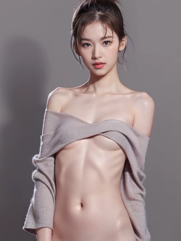 highest quality, masterpiece, ultra high resolution, (realistic:1.5), Raw photo, 1 girl 18 years old,simple gray background、in the dark, deep shadow, cold light, sexy look, short hair,(((ballerina, off shoulder、beautiful navel,small breasts、Too much exposed skin、naked)))