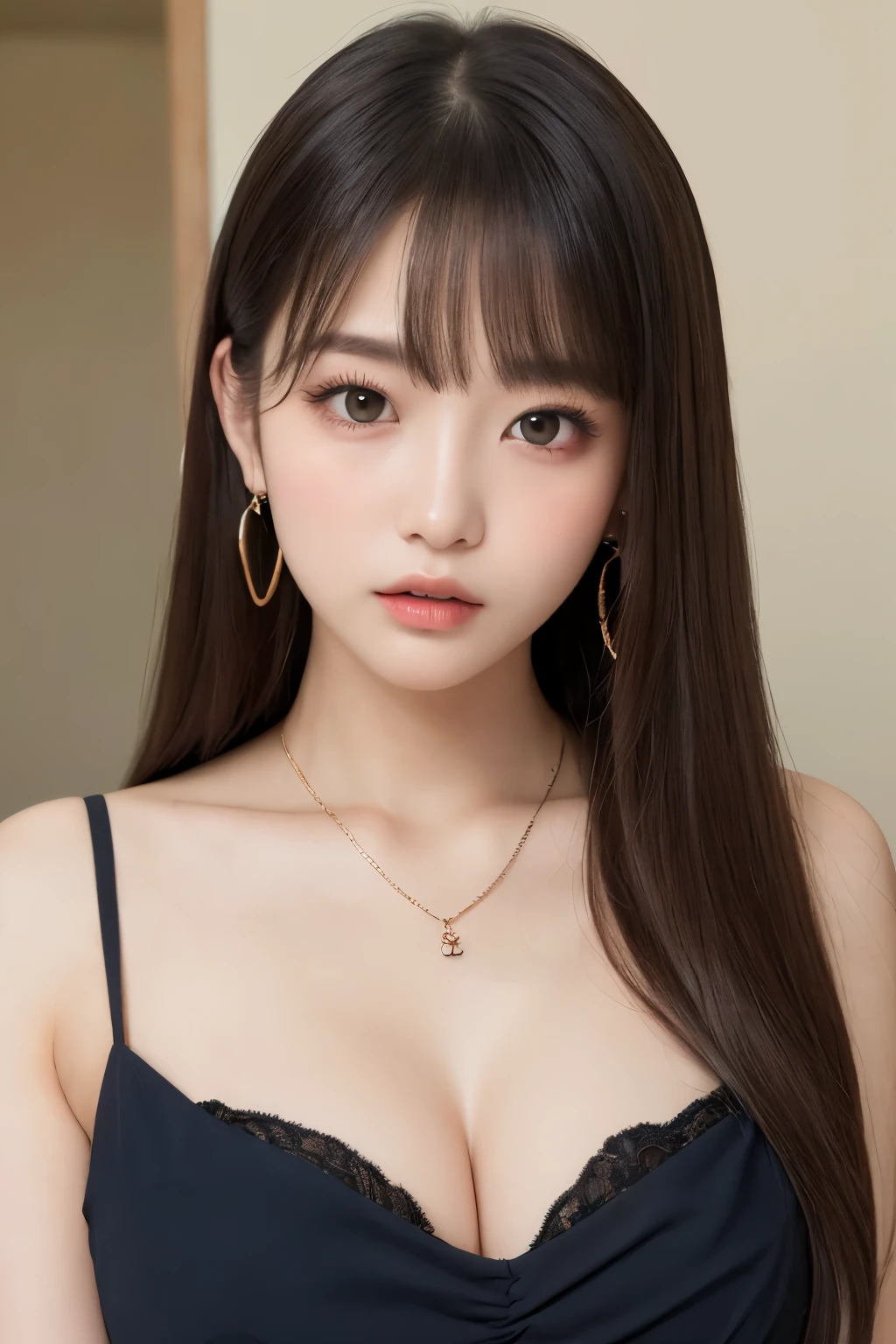 masterpiece:1.2、(highest quality:1.1), Super detailed finish、(8K resolution:1.2)、(Raw photo, realistic:1.3)、Ultra-high resolution face、the face is in focus、high resolution eyes、(concentrated, symmetrical pupils:1.2)、High-definition and beautiful skin、firm skin、natural makeup、gloss lip, Ultra high resolution hair textures、japanese woman、、very cute, messy hair, (party dress), (Very embarrassed:1.3), (blush:1.3), embarrassed look、(彼はembarrassed lookでカメラを見つめています.:1.2)、Mouth slightly open、(Shy gesture、various shooting angles)、thin necklace、small one point earrings, Medium chest, bust shot, NSFW ,long hair