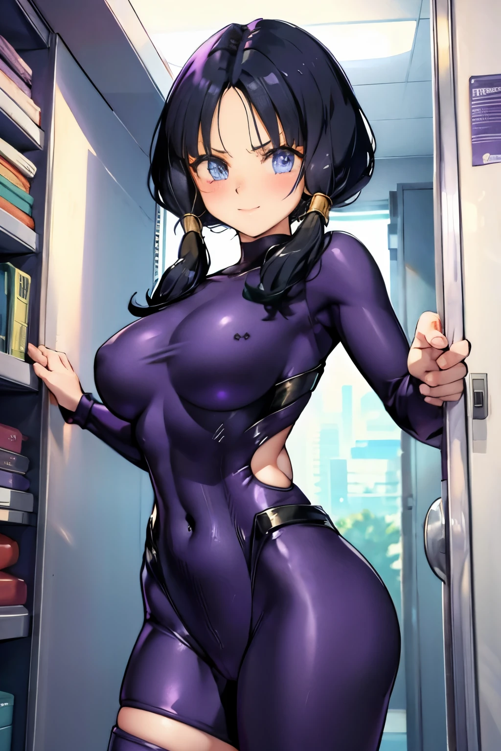 ,Saw 2, blue eyes, black hair, Low twintails and short cut, big breasts, frown,blush,((purple tight suit:1.4)), streak,smile,Research room,fight