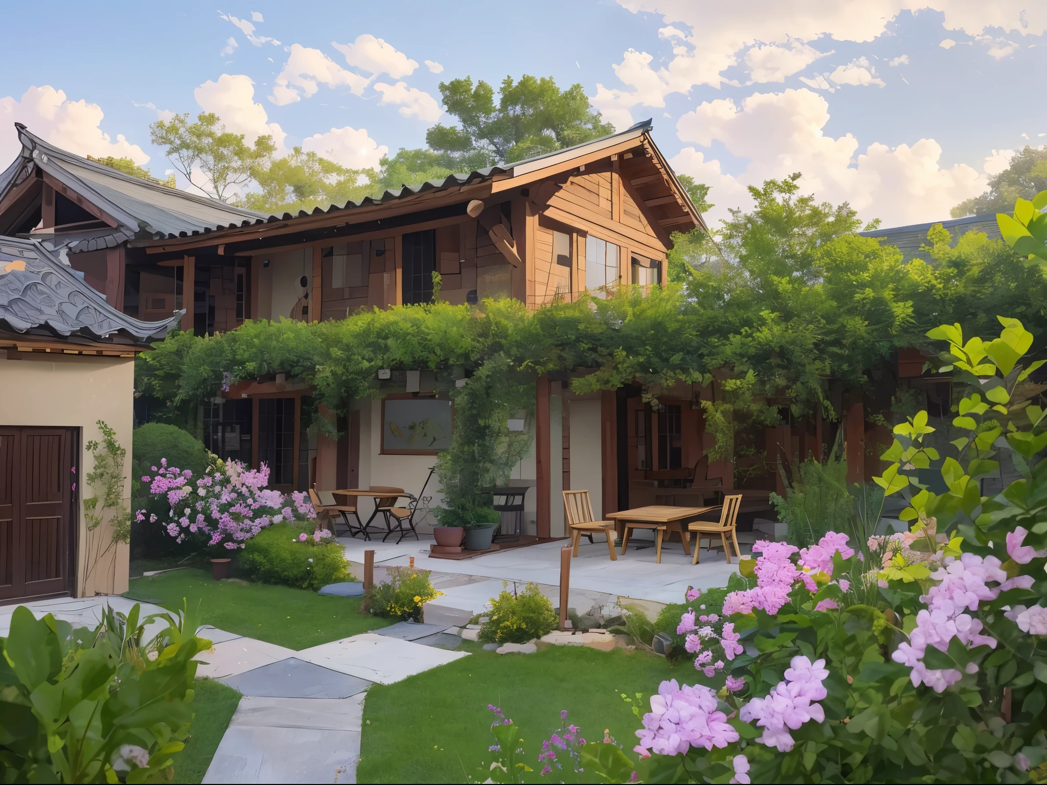 4K, (masterpiece), best quality, masterpiece, best quality,8K, ultra high resolution,Stroll the grounds, Tables and chairs are placed in the courtyard,The joyful sounds of cicadas and birds chirping in my ears。
