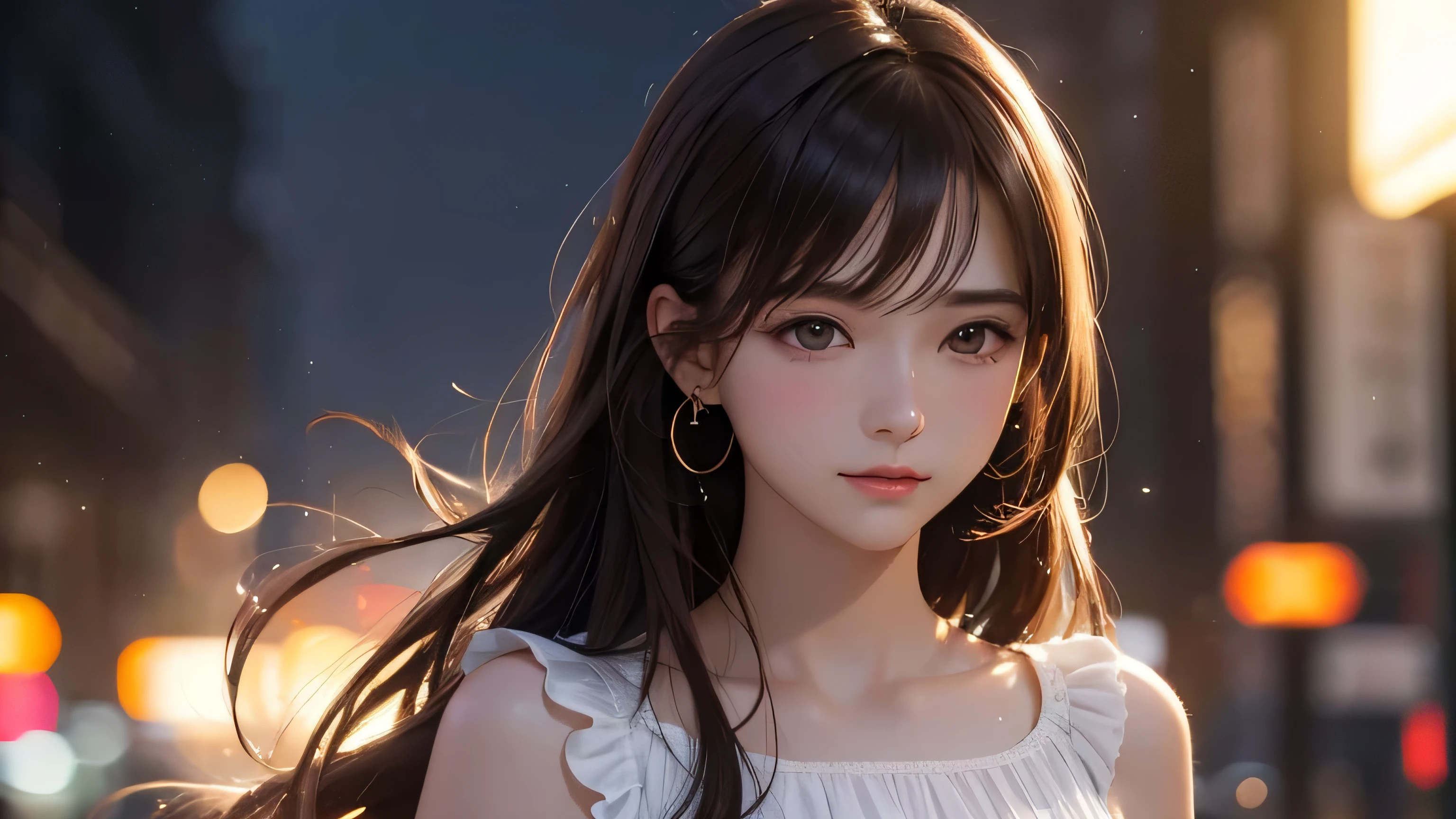 best quality, masterpiece, ultra high resolution, Surrealism, ,pretty girl, luminescent, actual, masterpiece, high detail, 4K, , light, small smile, White skin、top quality,HD details, wet watermark, Ultra-detailed, soft light, Deep field focus bokeh, Ray tracing, diffusion (Ultra-fine glass reflection) Pictures of Sumet, masterpiece, best quality, delicate skin, 1 girl,bright face,nice nose,Reddish-brown hair,loli,show the whole body, Super detailed faces, delicate lips, delicate eyes, double eyelids, Eyes that look like sunshine, fair,Dimly lit street scene