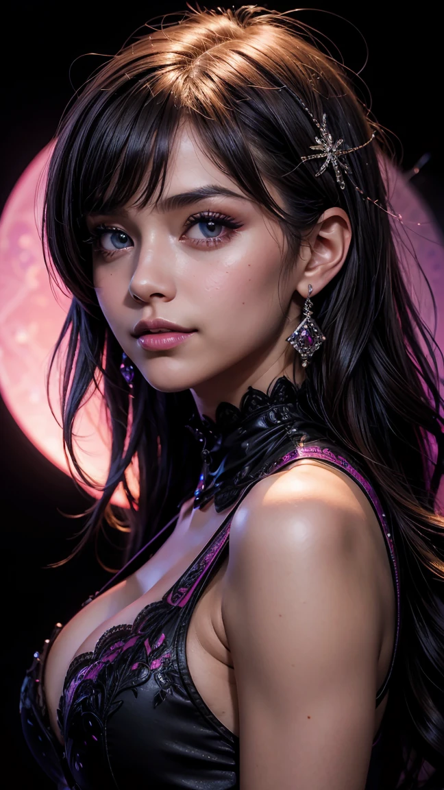 vector image, vibrant colours, smooth gradation, best quality, masterpiece, absurdres, ((isolated)), (dark black background), (detailed face and eyes:1.2), sweet smile, detailed beautiful eyes, eyelashes, glossy full lips, sensual, volumetric lights, medium shot, half body shot, busty, full cleavage, deep cleavage, curvaceous, Unimaginably beautiful girl, enchanting, glistening skin, burst out breast, purple violet magenta tinted back lights, smoky big eyes, ((yo))