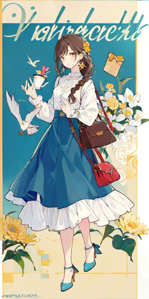 (masterpiece:1.2), highest quality,pixiv,sweet girl ,
1 girl, flower, cup, have, Braid, brown hair, bag, high heels, food, jewelry, earrings, looking at the viewer, smile, holding, long hair, inner color、alone, fruits, fruits柄のパンツ, handbag, gray eyes, Colorful shoes, bird, yellow flower, envelope, english text, full body, white flower, shirt,Are standing,
