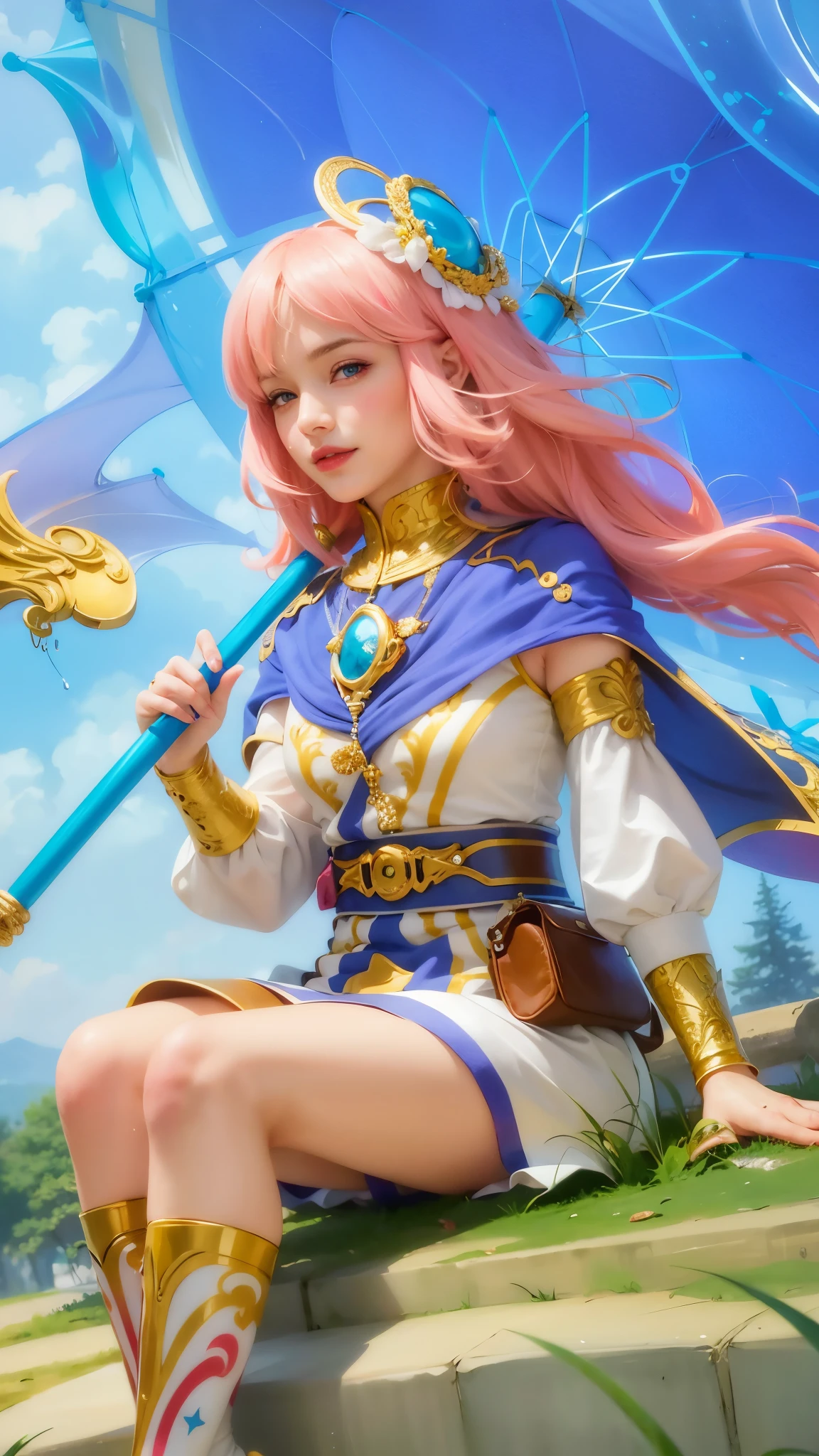 girl with pink hair holding a umbrella, red lips glossy, 8k, ultra hd, ultra detailed texture, hyper realistic, masterpiece, detailed texture, detailed face, detailed skin, detailed lighting, (photorealistic:1.5), best quality, beautiful lighting, cinematic lighting, professional lighting, ultra highres, realistic, detailed hair, real hair, high quality, (realskin:1.5), extremely detailed, finely detail, ultra-detailed, smile, blue eyes