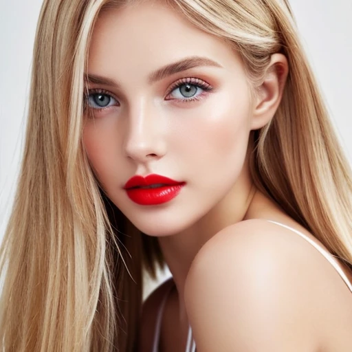 Beautiful white girl with red lips looks to the camera. Stunning blonda girl. Closeup face of young beautiful woman with a healthy clean skin. Pretty woman with bright makeup of eyes.