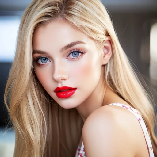 Beautiful white girl with red lips looks to the camera. Stunning blonda girl. Closeup face of young beautiful woman with a healthy clean skin. Pretty woman with bright makeup of eyes.