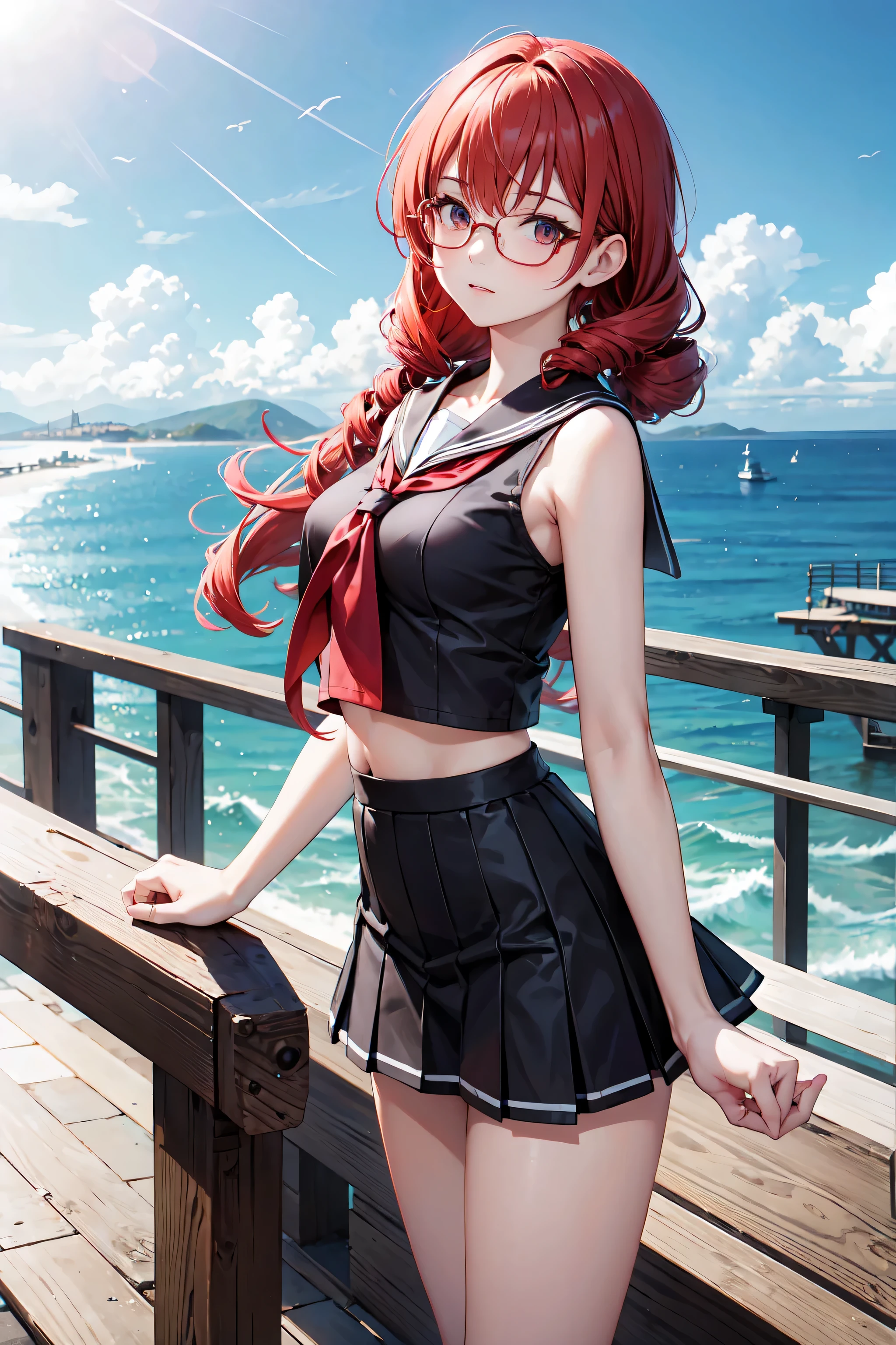 masterpiece, best quality, long hair, drill hair, red hair, medium breasts, glasses, sailor shirt, sleeveless, Mini Skirt, pier, ocean