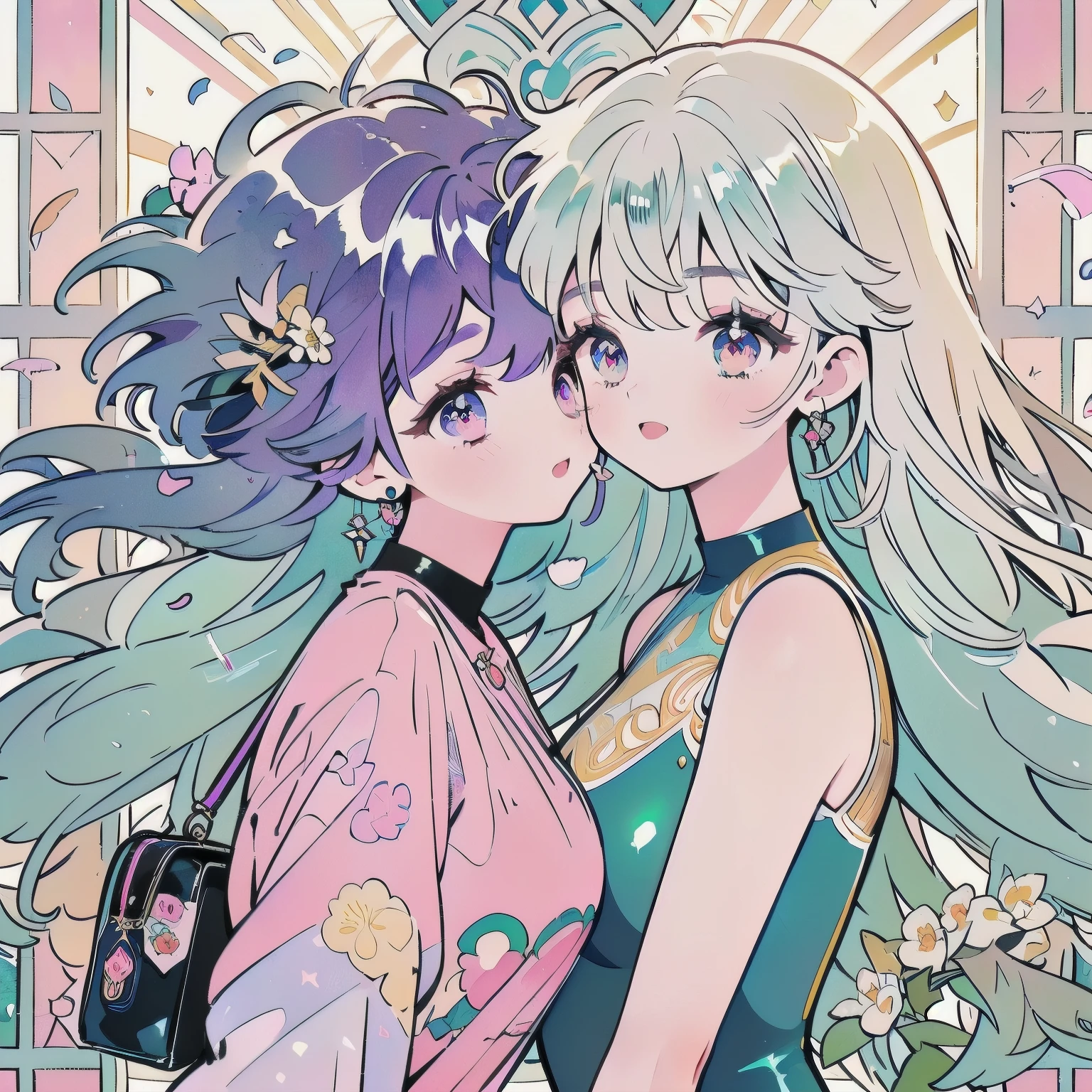 lily, wedding style, transparent clothes, ((ultra-detailed face), (cute eyes), (((dynamic angle))), ((dynamic lighting:1.2)), (((thicc))), purple hair, long hair, dull bangs, pink eyes, Beautiful Girls in Anime , ((Full of sweets, full of flowers, full of feathers、jewelry))、((purse your lips, Throw kiss, flirty smile)), 1 cute girl, highest quality、ウルトラ - High resolution、High resolution、Detailed CG、8k unit wallpaper、17 years old、fine and beautiful eyes, (((Different types of colorful super shiny latex swimsuits)))、(shiny body,:1.8)、(No sleeve), big breasts、full of embarrassment、(Ahegao:1.5), (Please stick out your tongue a little), light and wind、Richly colored、Alphonse Mucha, shine, watercolor, abstract art, intricate details, flower frame, decorative panels, color splash, tarot cards