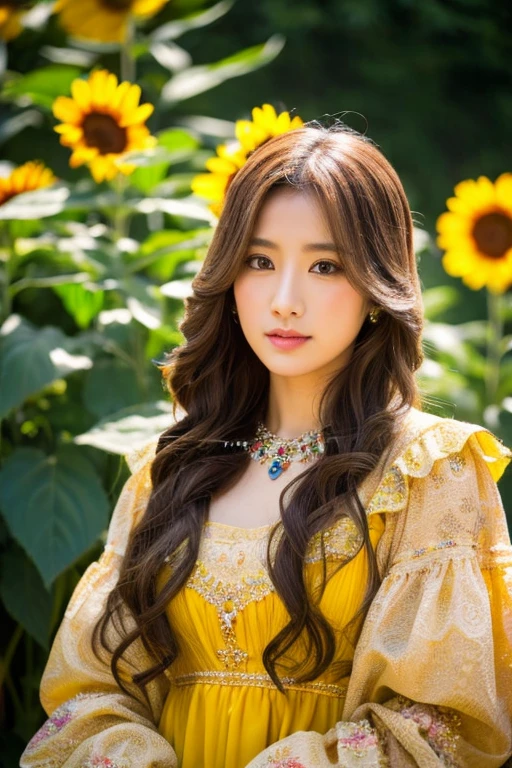 ( ridiculous , high quality , super detailed ) ,( hand detailed ) , 1 girl, alone, mature, very long hair, sunflower hair , 美しいクリスタルのeye ( eye ) baroque, necklace, long dress, long sleeve, elegant, colorful, most detailed, Upper body , With the river and sunflowers