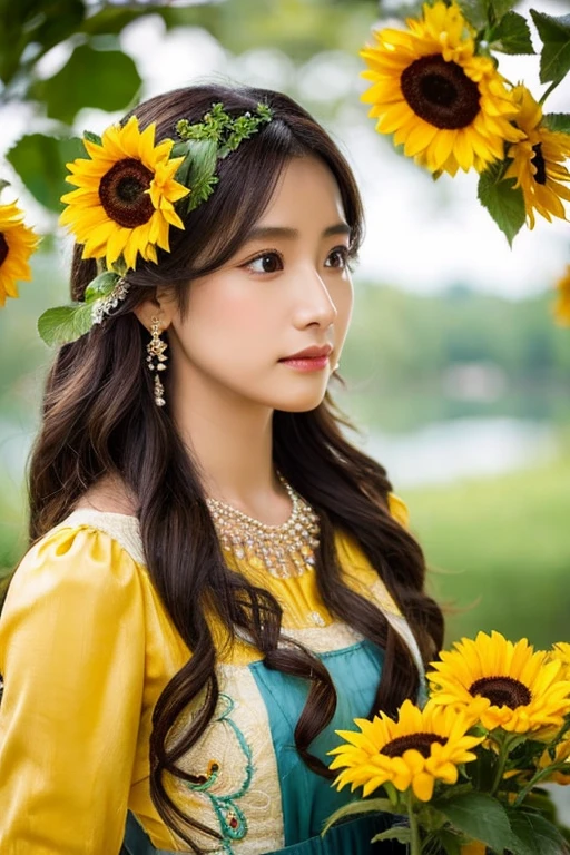 ( ridiculous , high quality , super detailed ) ,( hand detailed ) , 1 girl, alone, mature, very long hair, sunflower hair , 美しいクリスタルのeye ( eye ) baroque, necklace, long dress, long sleeve, elegant, colorful, most detailed, Upper body , With the river and sunflowers