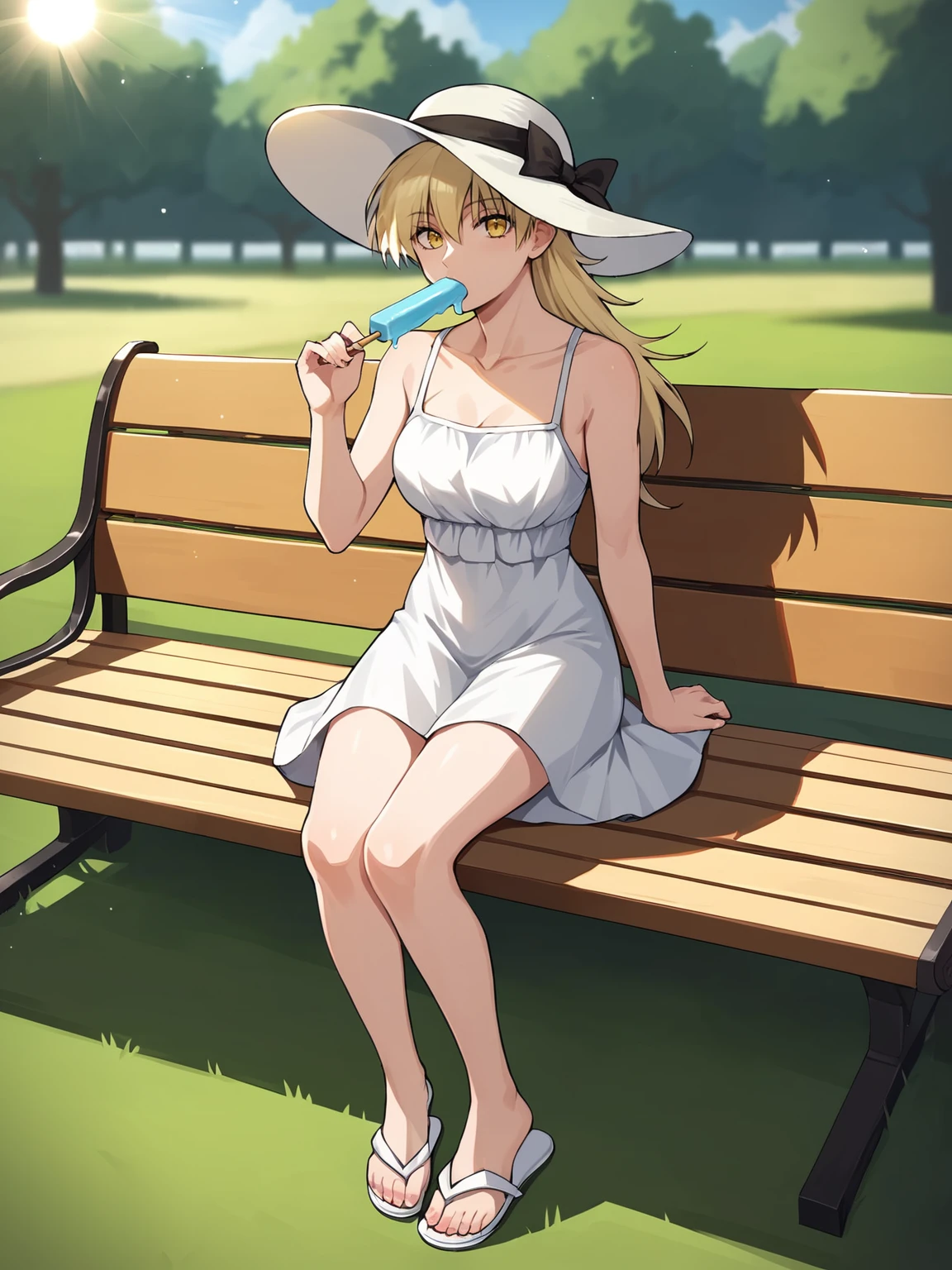 score_9, score_8_up, outdoors, park, sitting on bench, eating popsicle, flip flops
BREAK
1girl, hellsing, seras, blonde hair, long hair, yellow eyes, summer dress, white dress, sun hat, wide-brimmed hat, looking at viewer
