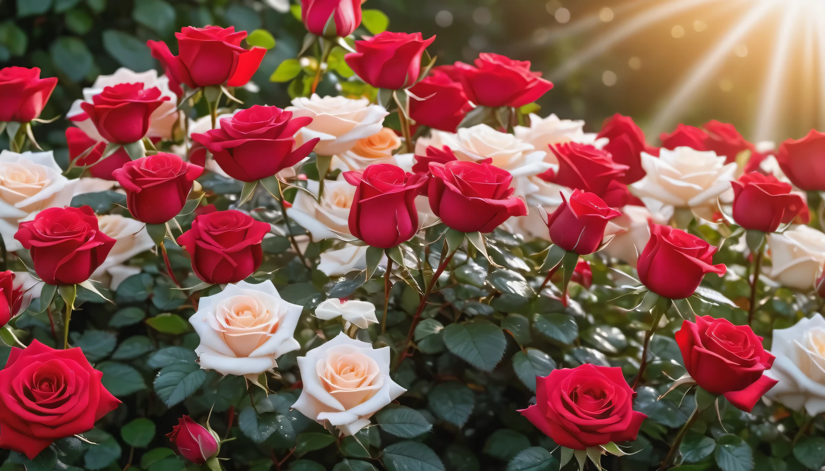 Many red color rose and white color rose flowers in the garden and sunlight with bokeh, dew drops on flower petalasterpiece, ultra quality, high resolution, 8k, intricate: 1.2), (masterpiece), (best quality:1)