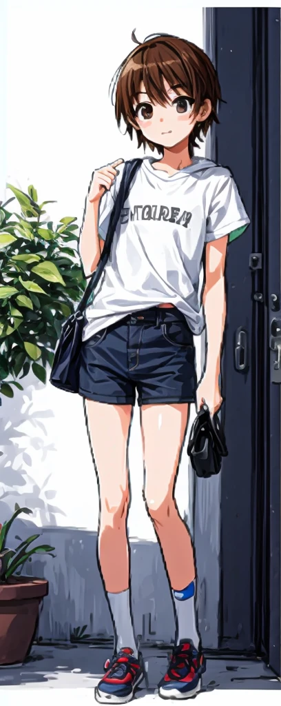 A handsome  with a round hairstyle is standing in short shorts and short-sleeved summer clothes.。