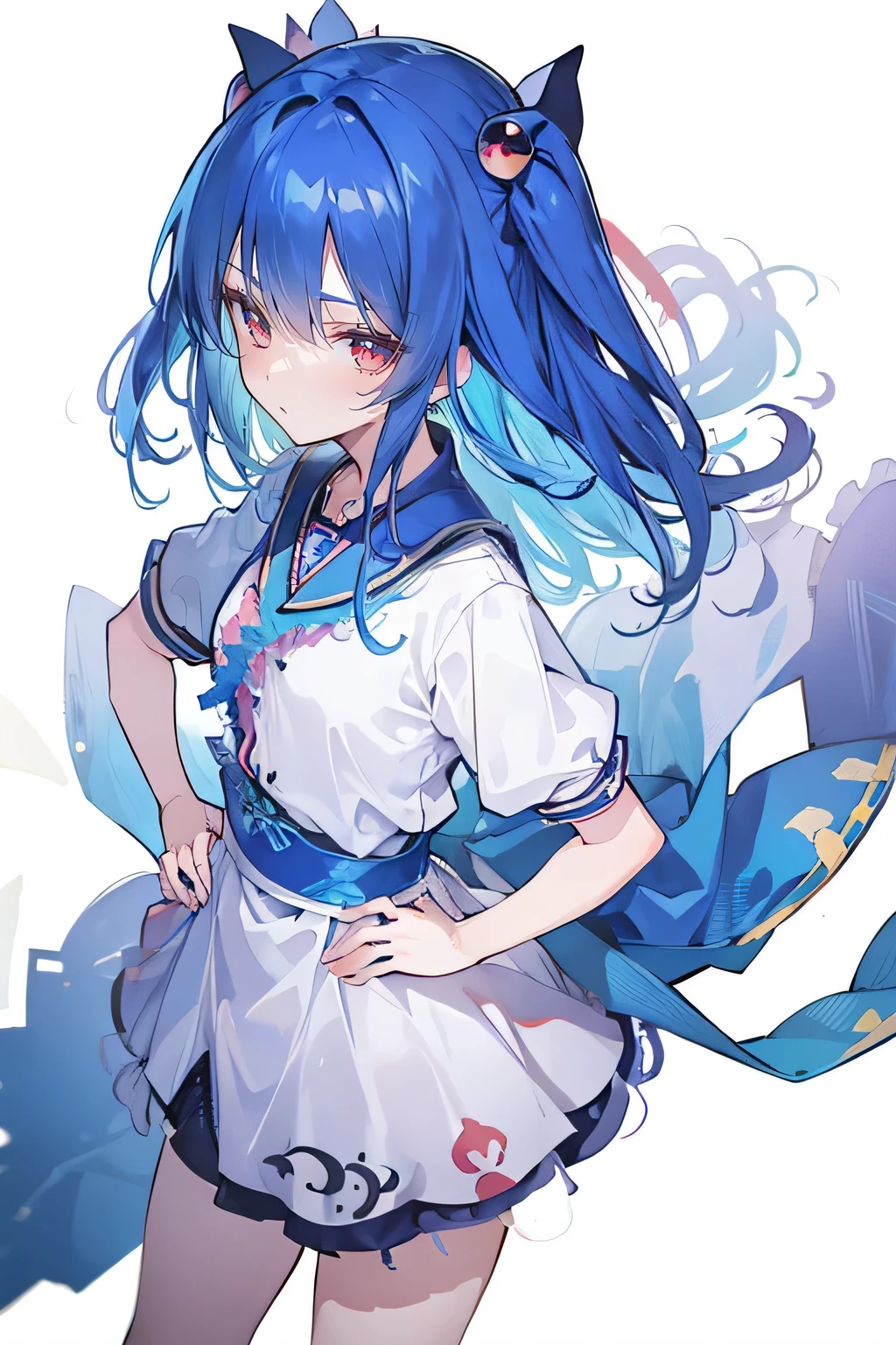 (masterpiece),best quality, expressive eyes, perfect face, 1girl,
 Put your hands on your waist,fair, Gorgeous,Japanese cartoons,girl,lola,Hina Angel, blue hair, blue haired, floating clothes,Grab your waist, Grab your waist, hands on hips , hands on hips,sit, sit on ground, Legs on the ground, flat chest