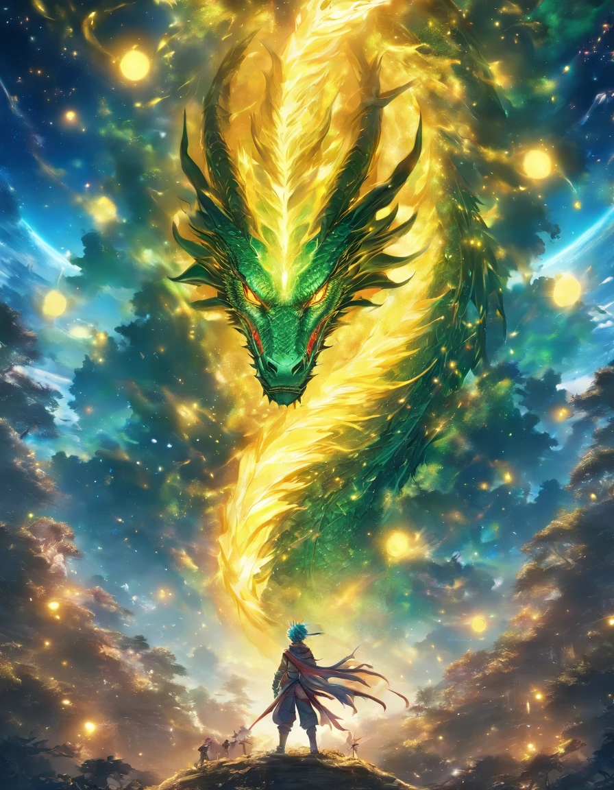 giant transparent dragon、Looking at the yellow planet in the soil of space,glow effect,oc rendering