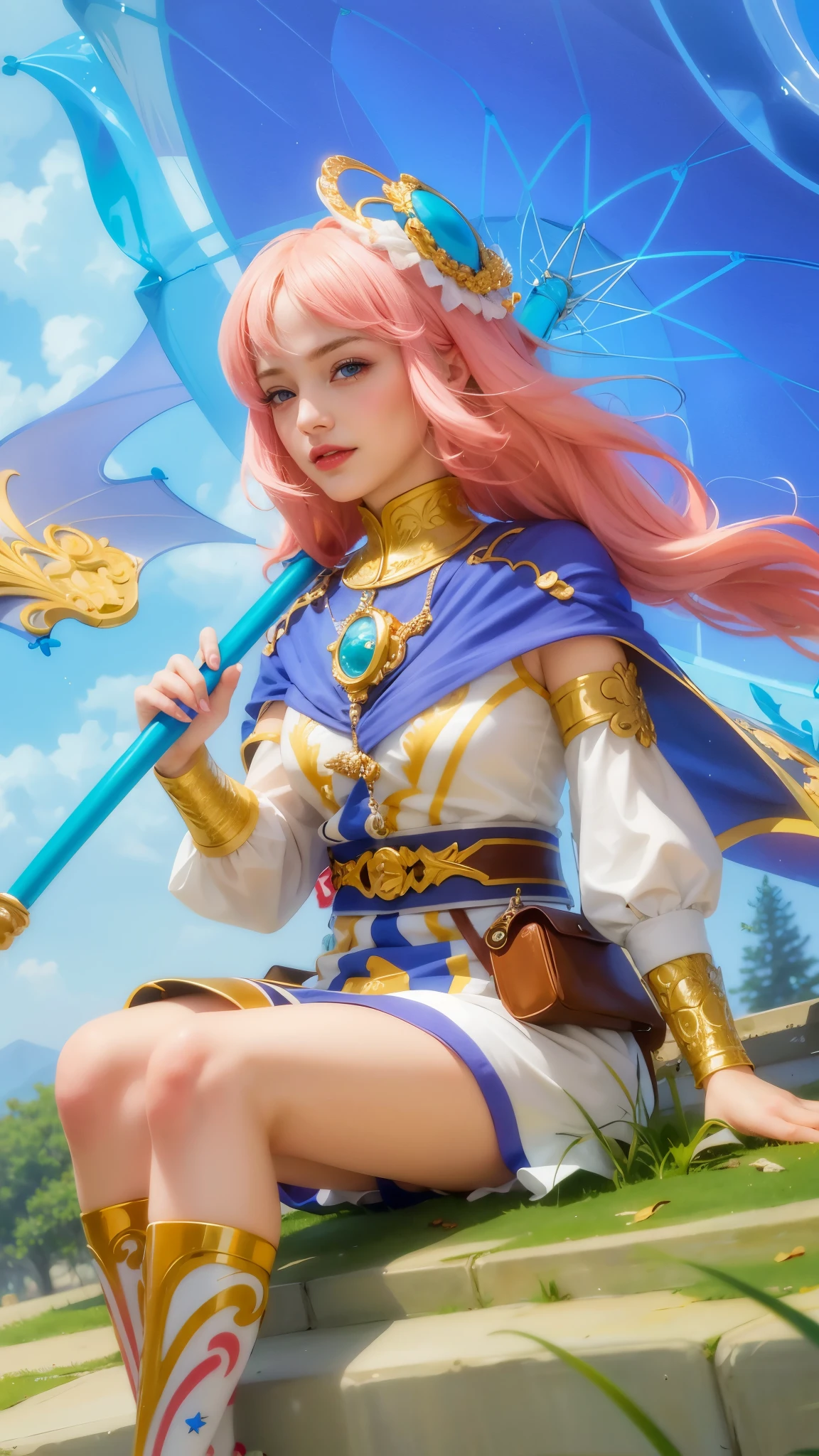 girl with pink hair holding a umbrella, red lips glossy, 8k, ultra hd, ultra detailed texture, hyper realistic, masterpiece, detailed texture, detailed face, detailed skin, detailed lighting, (photorealistic:1.5), best quality, beautiful lighting, cinematic lighting, professional lighting, ultra highres, realistic, detailed hair, real hair, high quality, (realskin:1.5), extremely detailed, finely detail, ultra-detailed, smile, blue eyes