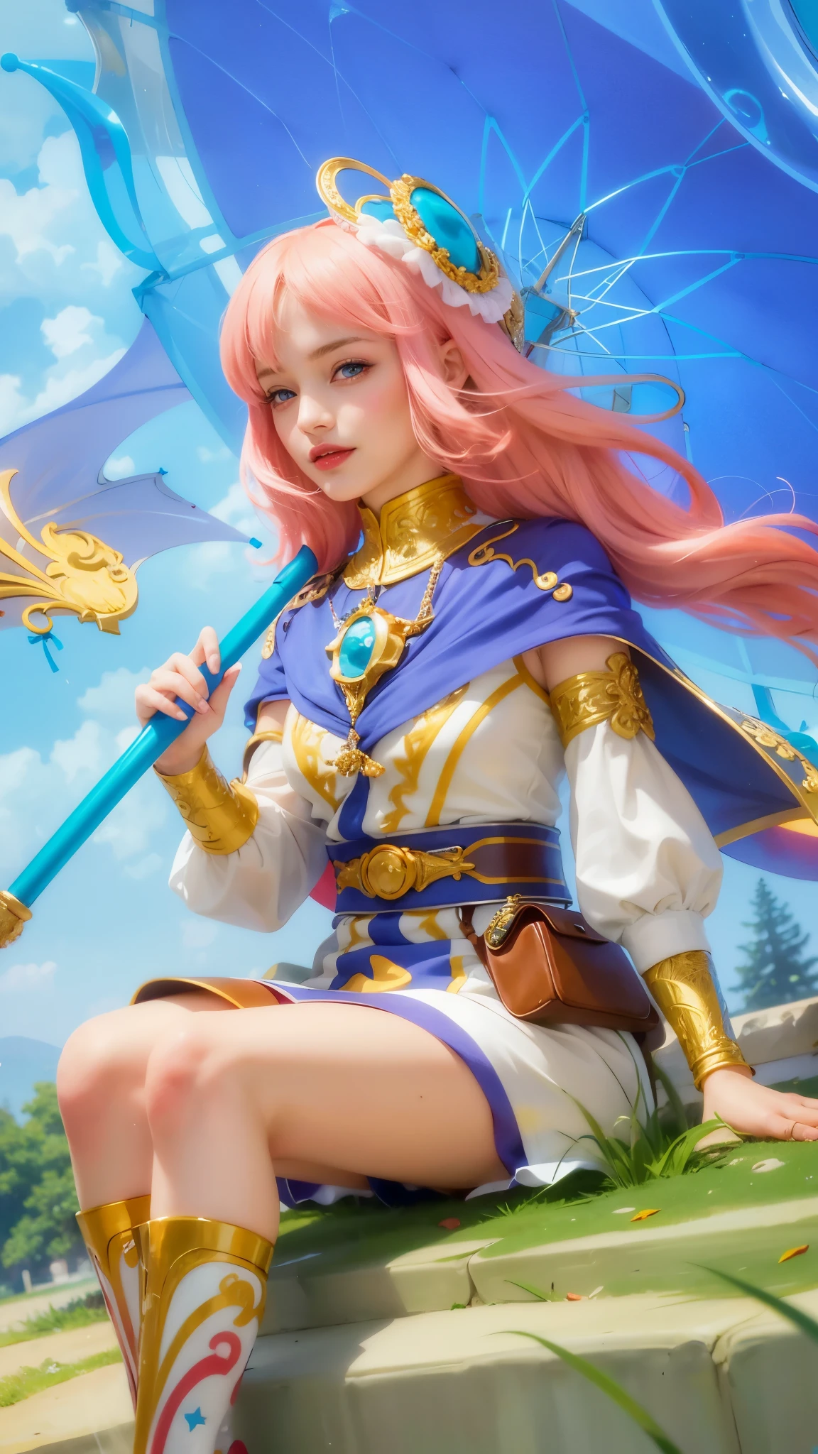 girl with pink hair holding a umbrella, red lips glossy, 8k, ultra hd, ultra detailed texture, hyper realistic, masterpiece, detailed texture, detailed face, detailed skin, detailed lighting, (photorealistic:1.5), best quality, beautiful lighting, cinematic lighting, professional lighting, ultra highres, realistic, detailed hair, real hair, high quality, (realskin:1.5), extremely detailed, finely detail, ultra-detailed, smile, blue eyes