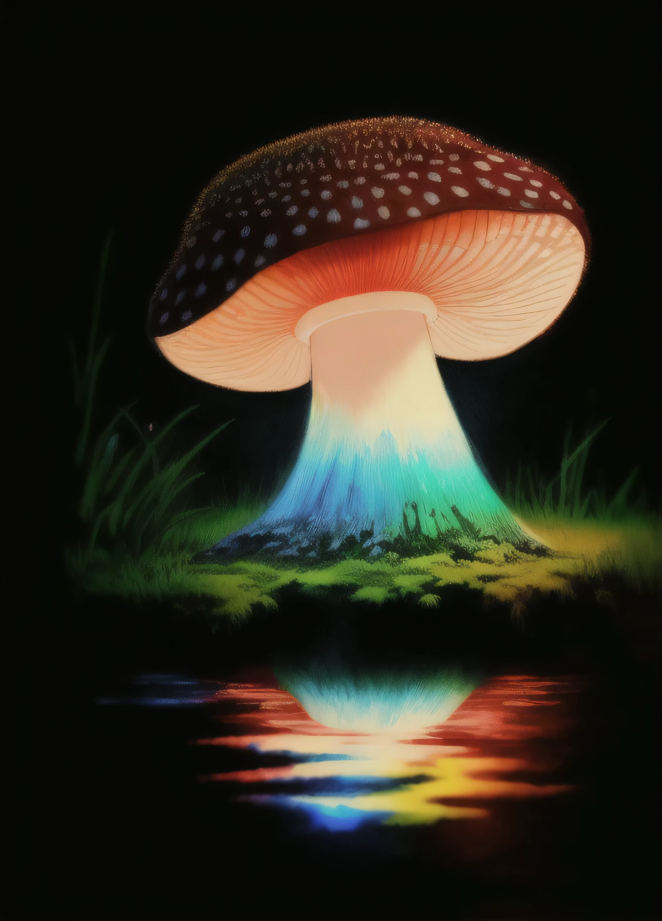 attractive, Attractive high quality splash art ,sitting right below (poisonous antler: 1.1) (mushroom: 1.1) の中に shape of an umbrella in (Magic forest: 1.1) Inside the darkness of the shadow, deep contrast (bioluminescence: 1.1), Magic, Mysterious, A detailed scene (soft pastel tones: 1.1) with a touch (bright colors: 1.1), wet dirt, puddle, fantasy art, masterpiece, Award-winning digital graphics, clip studio paint, rich colors, Picturesque texture, Popular in the art community, adobe photoshop,