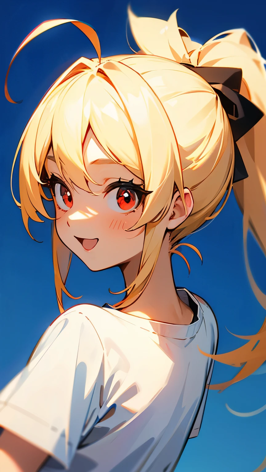 1 girl, blonde ponytail、Ahoge、big round red eyes、Sky blue solid color background, pure blue background, Dark blue background, white t-shirt, laugh happily, bust shot