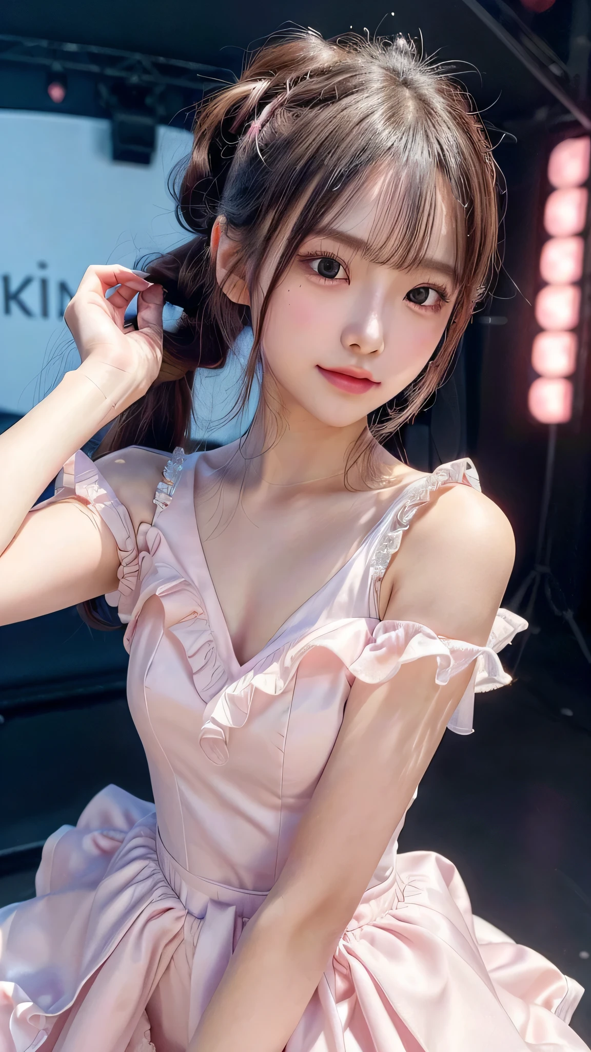 close up of face,blush,small breasts,14 years old,long hair ponytail,singing on stage,close up of face,((8K, Raw photo, best quality, muste piece:1.2), (Reality, photorealistic:1.4), (Highly detailed 8K wallpaper), Depth of the bounds written, cinematic lighting, soft light, detailed beauty eye,Shiny and smooth light brown ponytail, asymmetrical bangs, shiny skin, super detailed skin ,high resolution, high detail, detailed hairstyle, detailed beauty face, hyper real, perfect limbs, perfect ??????? ,1 Japanese girl,famous japanese idol, perfect female body,shy smile,short eyelashes,double-edged eyelids,look straight here,Hair style is ponytail、Pink colored long dress with lots of ruffles, softly shaped skirt, standing on stage,pink ribbon on head,She wears a long skirt with lots of frills.,Neat clothes