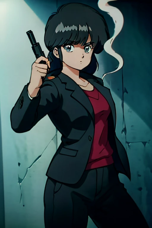 1girl, Hikaru Hiyama,  in a suit holding a gun in a nightclub room, from the new john wick movie, john wick, portrait of john wick, in the john wick movie, felix englund style, smoking and holding a gun, with rifle, action thriller, dramatic action photography, with pistol, photo from a promo shoot, dramatic cinematic action shot, dramatic wielding gun pose, danger atmosphere