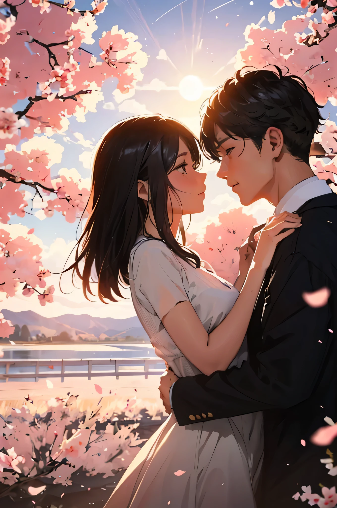 How the sun sets in the west,
We knew our love was the best,
Because we&#39;re lying in each other&#39;s arms,
How the stars came out to laugh. black eye. happy and in love. Cherry blossoms with falling petals background, korean. Complete and realistic hand anatomy.