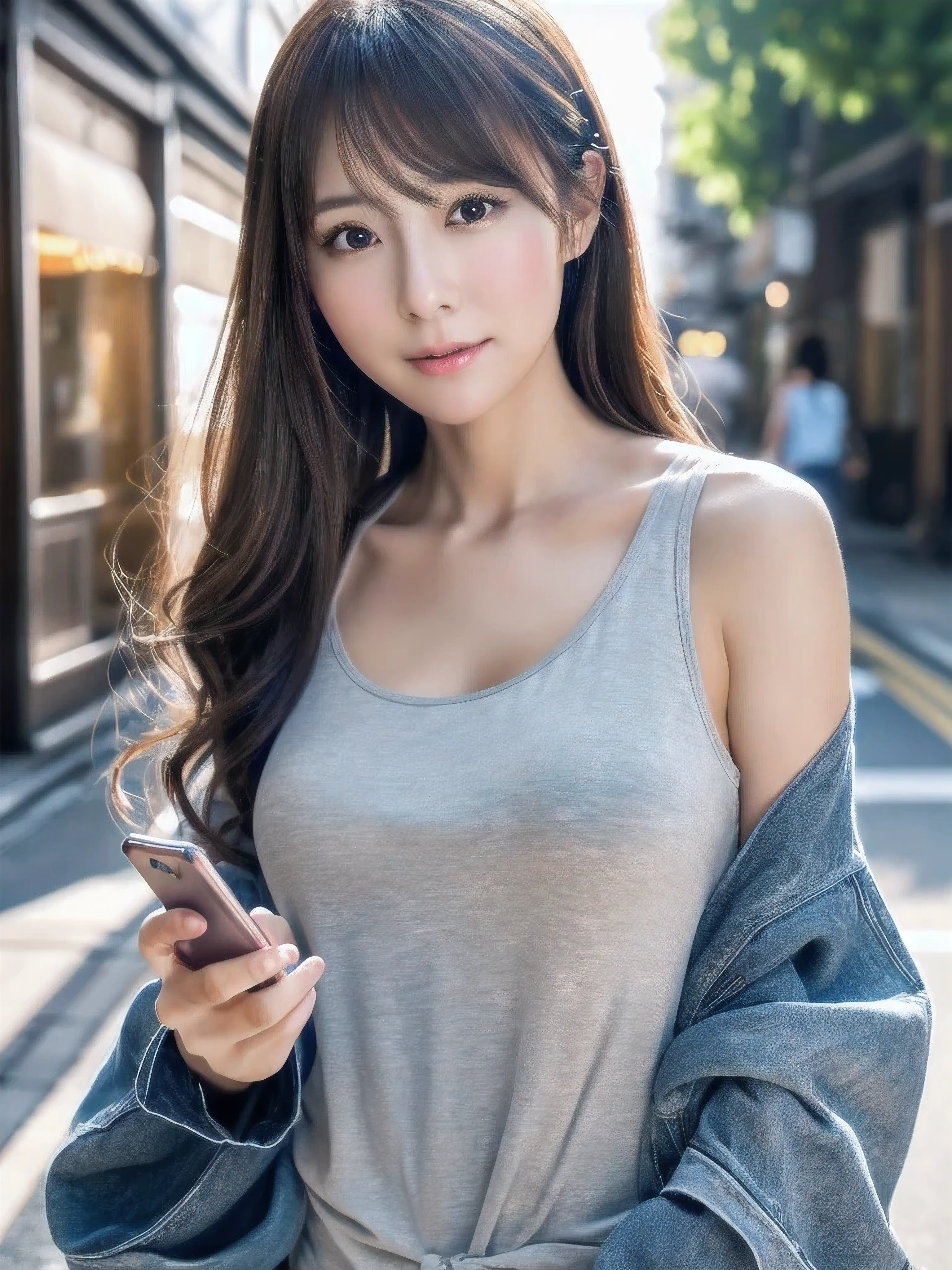 japanese woman, 35 years old, (realistic), (hyper realism), (photorealistic), (8K resolution), Depth of the bounds written, (Upper body:1.2), super detailed face, fine eyes, cute face, various expressions, different hairstyles, (small breasts:0.6), (very thin waist:0.7), casual clothes、Holding your phone in your hand、