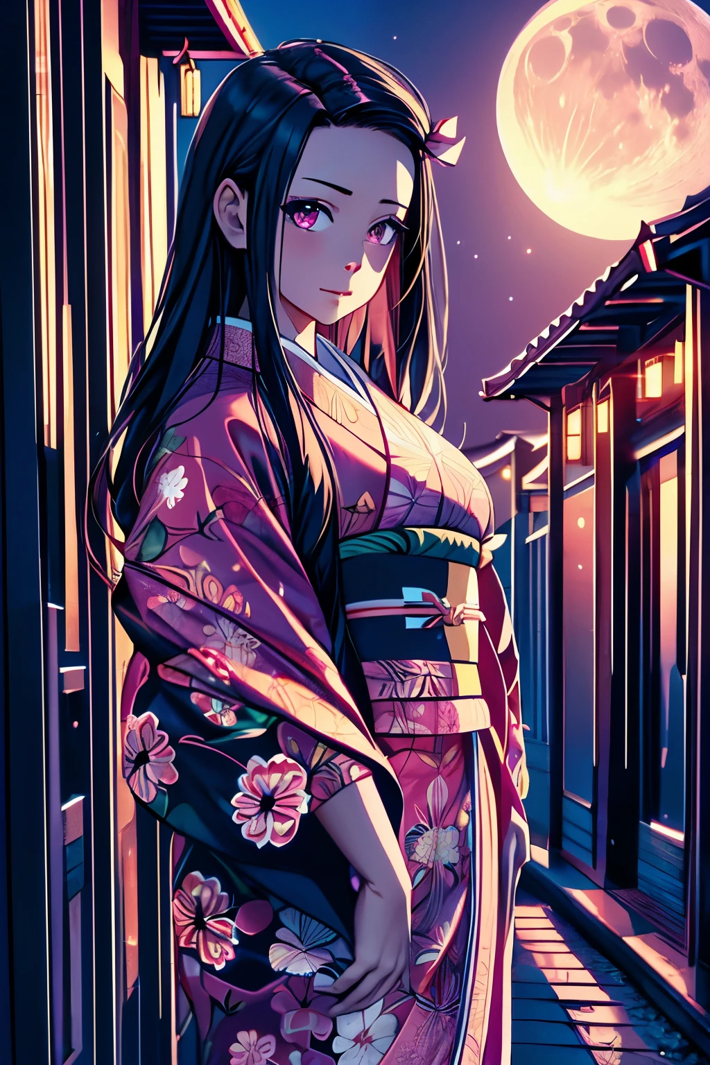 masterpiece, (pink kimono), seductive face, good lighting, low-cut, fine details, masterpiece, girl, black hair, gag, Nezuko Kamado, old twon,night time,moon,masterpiece, best quality, POV, wide hips,