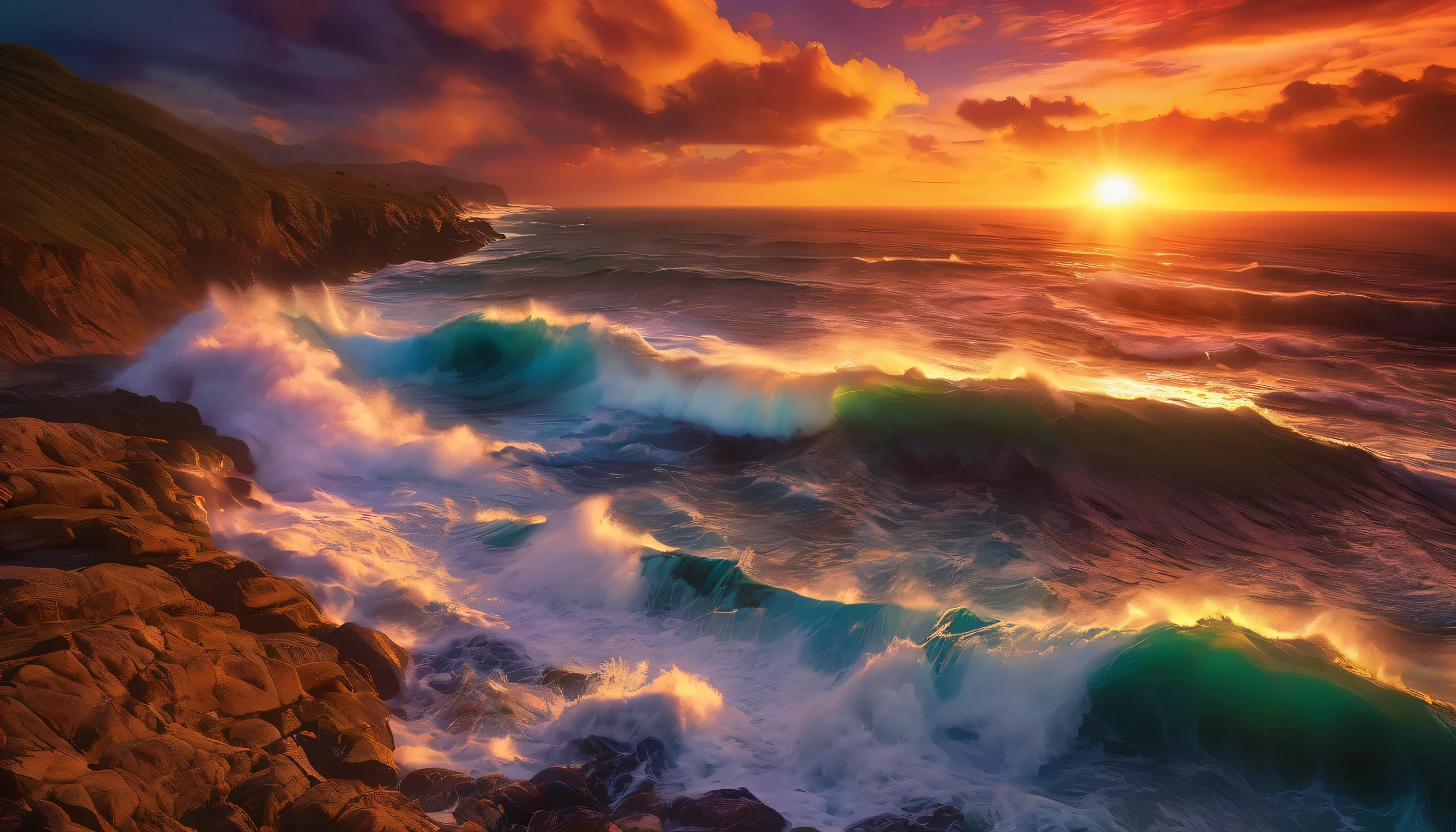 arafed view of a sunset over the ocean with waves crashing, chaotic sea setting, vibrant sunrise, breathtaking colors, breathtaking look, vibrant sunset, breathtaking composition, beautiful sea landscapes, stunning sunset, magnificent background, sunset glow, beautiful background, beautiful dreamy breathtaking, marc adamus, warm beautiful scene, epic sunset, beautiful sunset, beautiful sunset glow, beautiful ocean