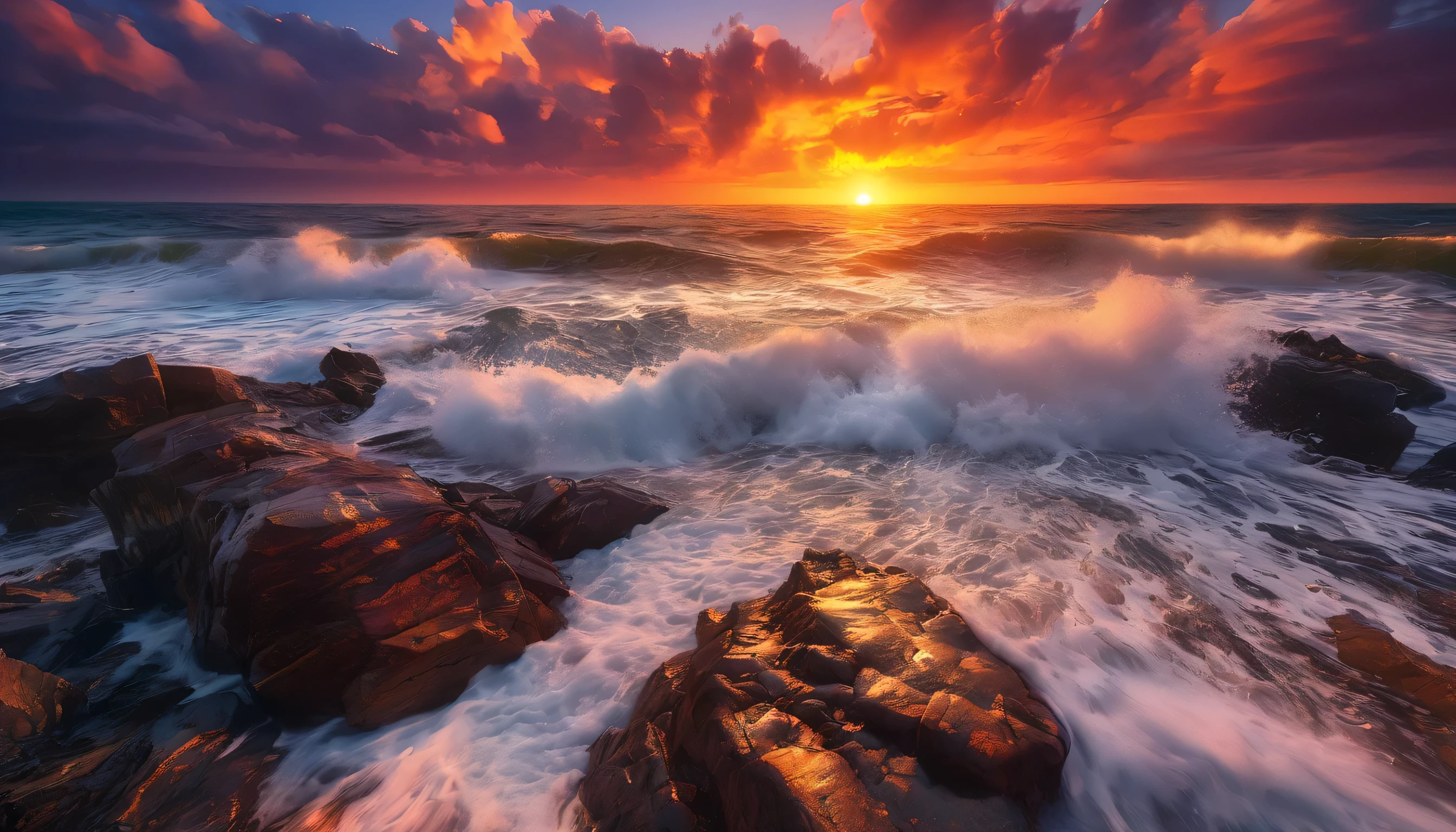 arafed view of a sunset over the ocean with waves crashing, chaotic sea setting, vibrant sunrise, breathtaking colors, breathtaking look, vibrant sunset, breathtaking composition, beautiful sea landscapes, stunning sunset, magnificent background, sunset glow, beautiful background, beautiful dreamy breathtaking, marc adamus, warm beautiful scene, epic sunset, beautiful sunset, beautiful sunset glow, beautiful ocean