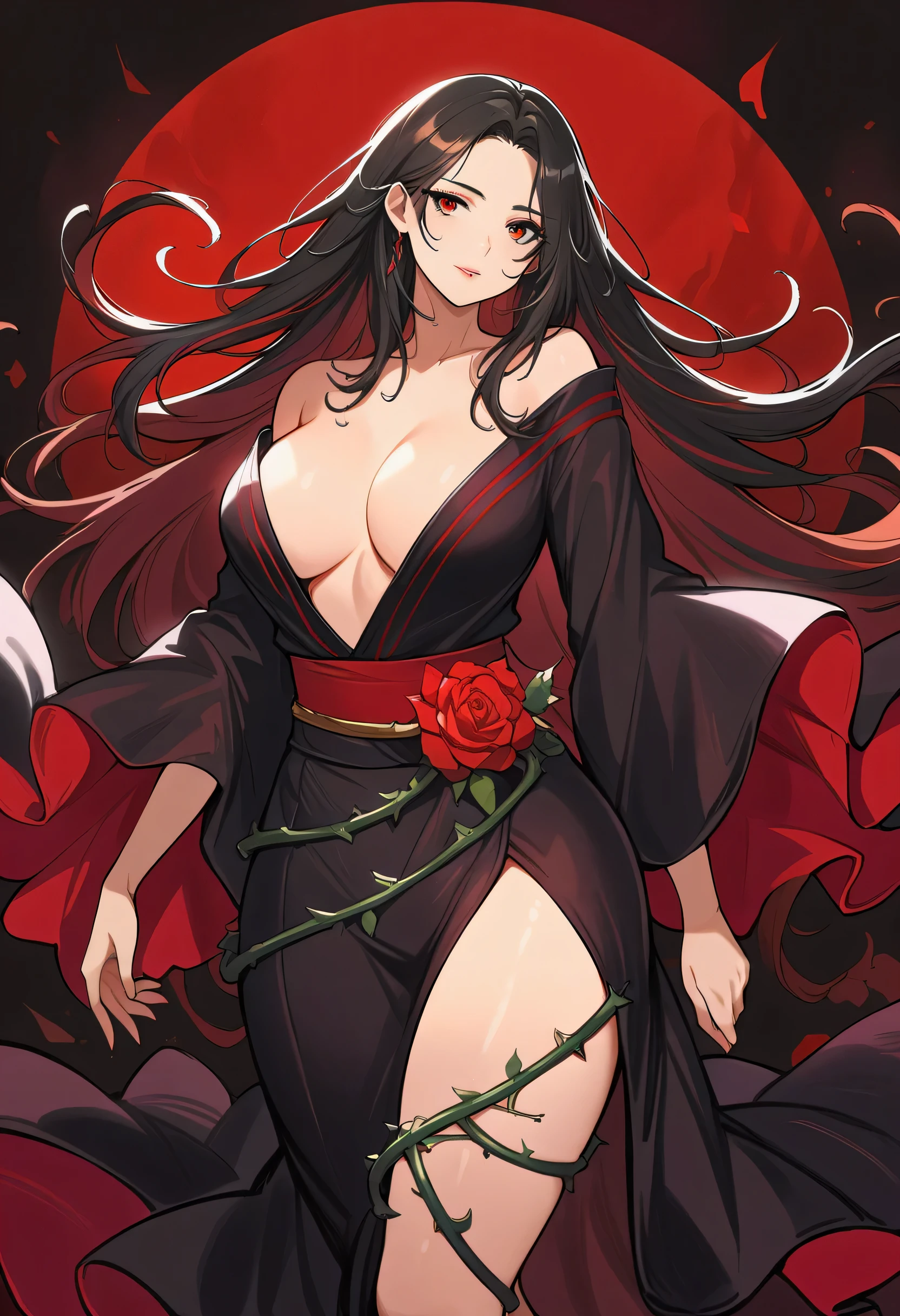 (8K,High resolution,masterpiece:1.2),actual,devil girl,red corner,beautiful and delicate eyes,Beautiful and delicate lips,Extremely detailed eyes and face,long eyelashes,Sexy long black hair,fiery red eyes,Wearing a dark flowing robe,Floating in a misty forest under the moonlight,Red eyes penetrate the darkness,The soft and ethereal light reflects her graceful figure,Subtle shadows dance around her,Red rose surrounded by thorns vines,A clever fusion of traditional oil painting and digital art,evoke a sense of mystery and,Perfectly capturing the beauty and darkness of the Enchantress,yukata,(perfect_face:1.2)