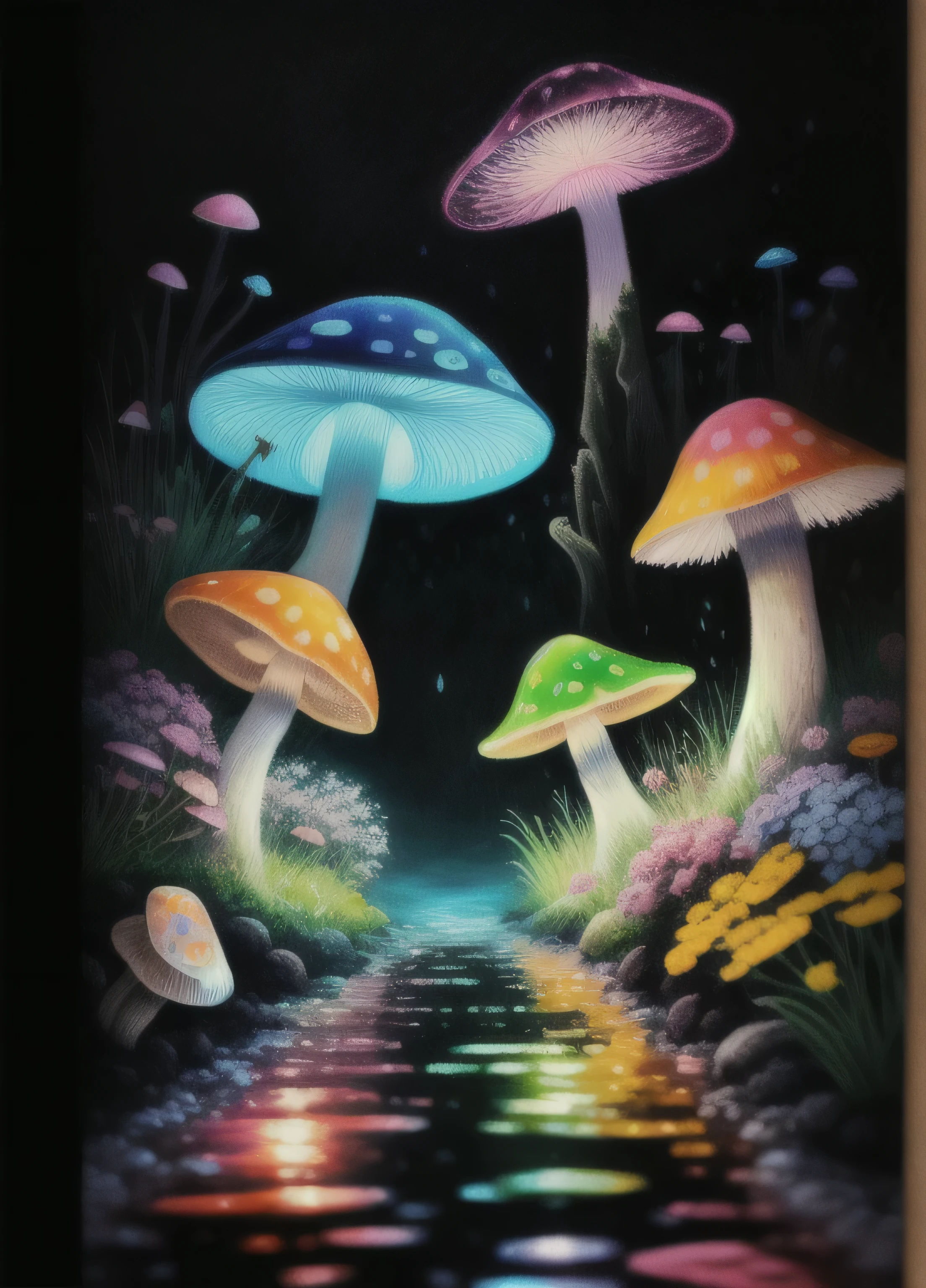 attractive, Attractive high quality splash art sitting right below (poisonous antler: 1.1) (mushroom: 1.1) の中に shape of an umbrella in (Magic forest: 1.1) Deep contrast in (bioluminescence: 1.1), Magic, Mysterious, A detailed scene (soft pastel tones: 1.1) with a touch (bright colors: 1.1), wet dirt, puddle, fantasy art, masterpiece, Award-winning digital graphics, clip studio paint, rich colors, Picturesque texture, Popular in the art community, adobe photoshop，very colorful，、Flowers and plants glowing at night、